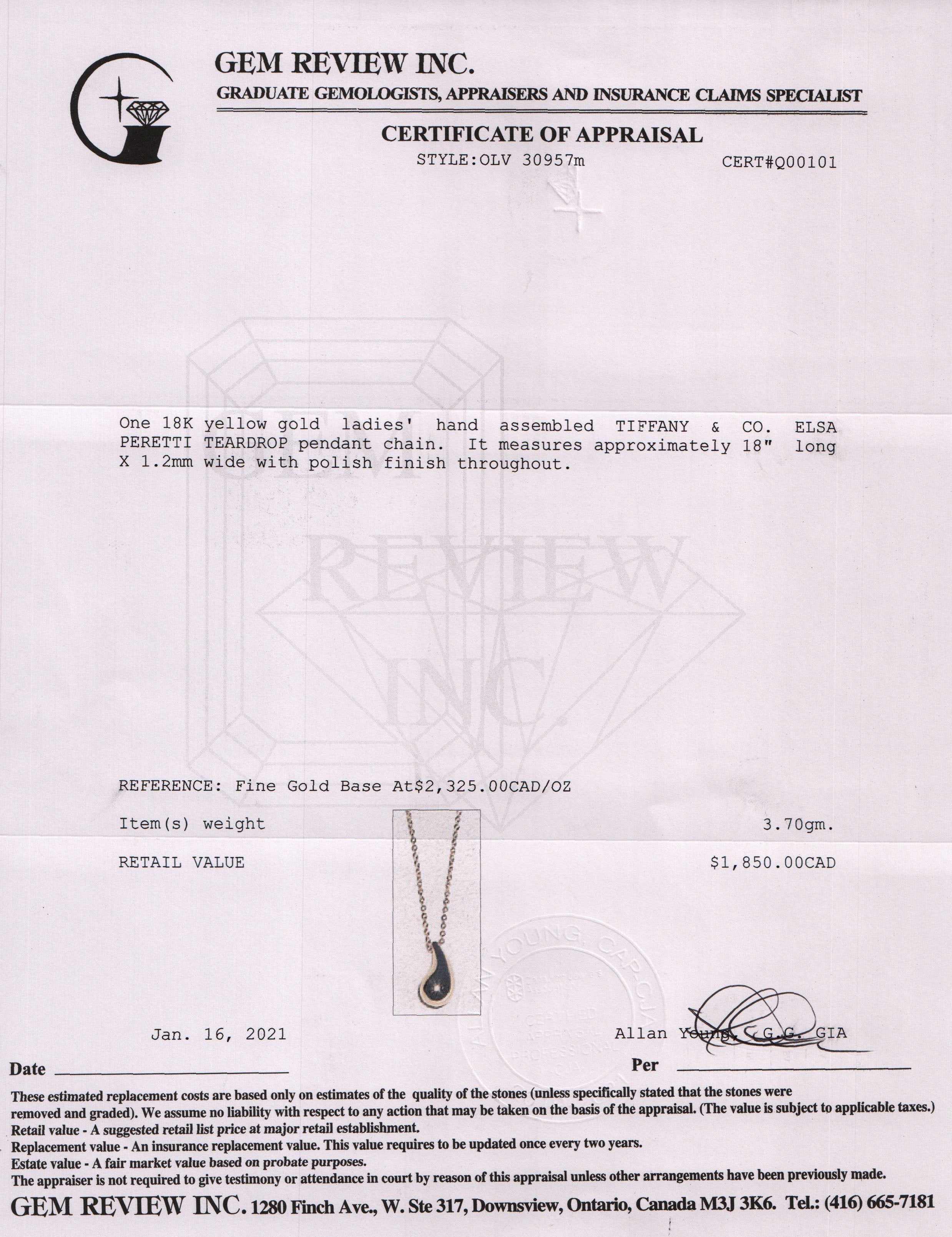 Tiffany & Co. Elsa Peretti 18k Gold Teardrop Pendant Necklace