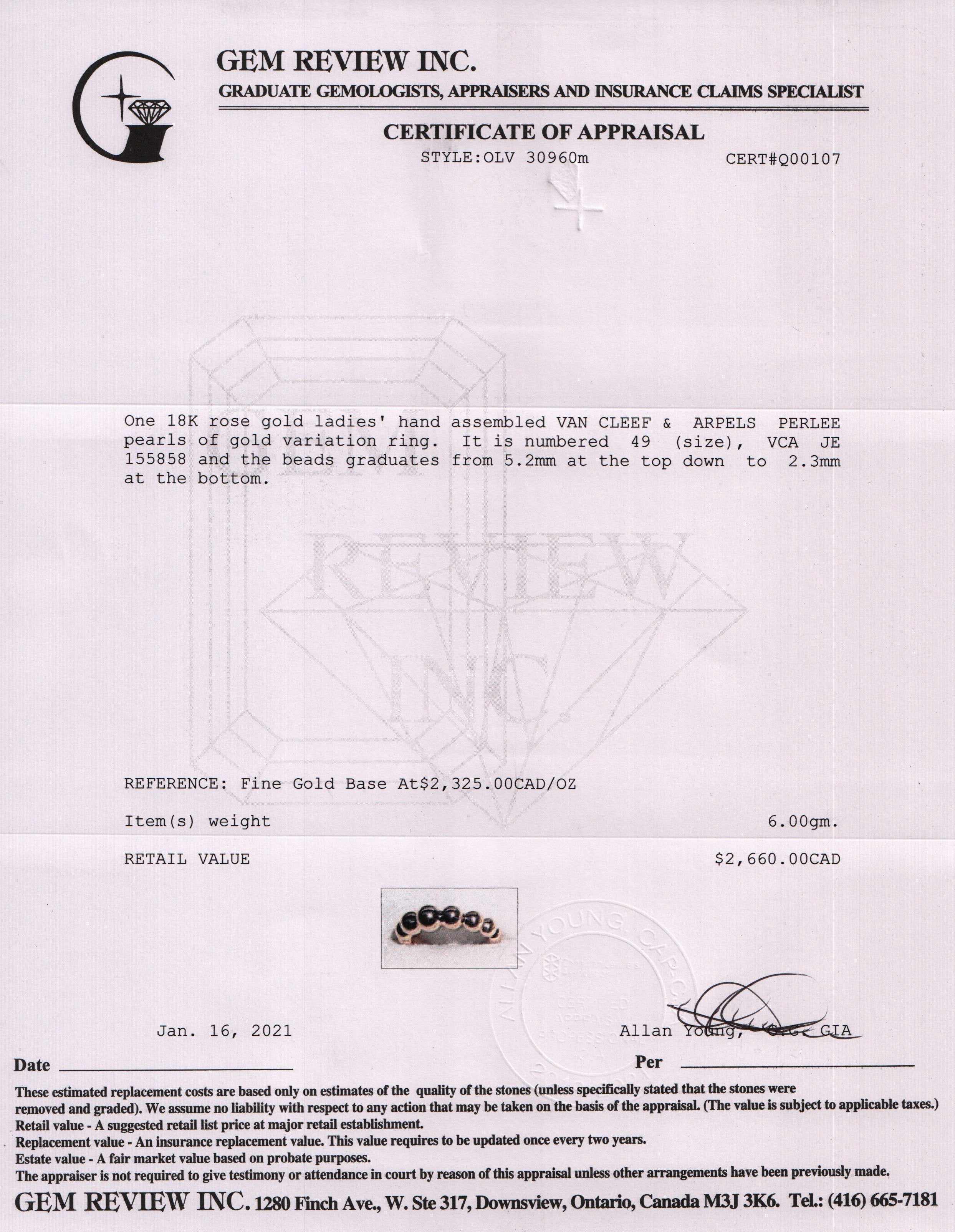 Van Cleef & Arpels Perlee Pearls of Gold Variation Ring w/ Box & Certificate