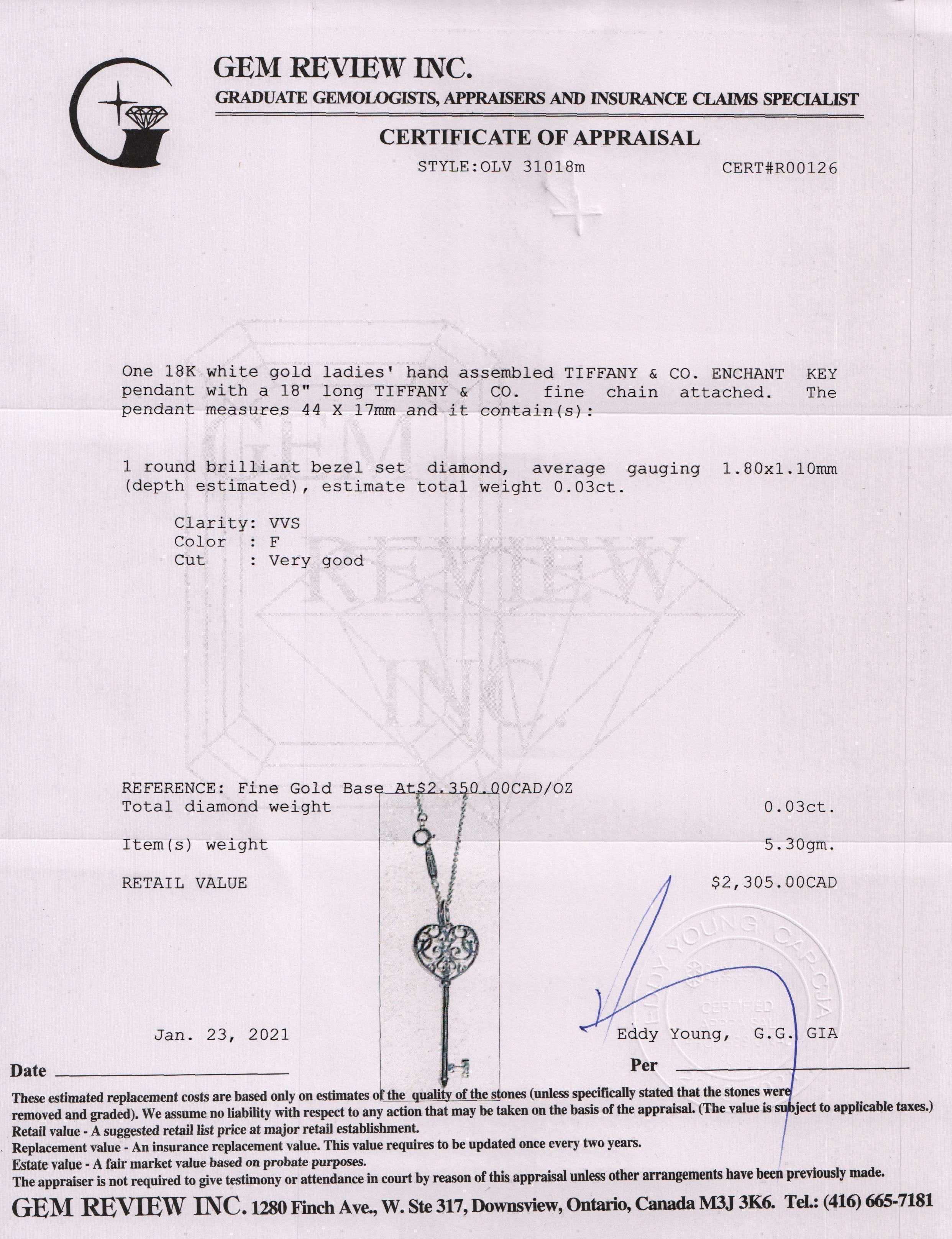 Tiffany & Co. 18k White Gold Diamond Enchant Heart Key Pendant Necklace