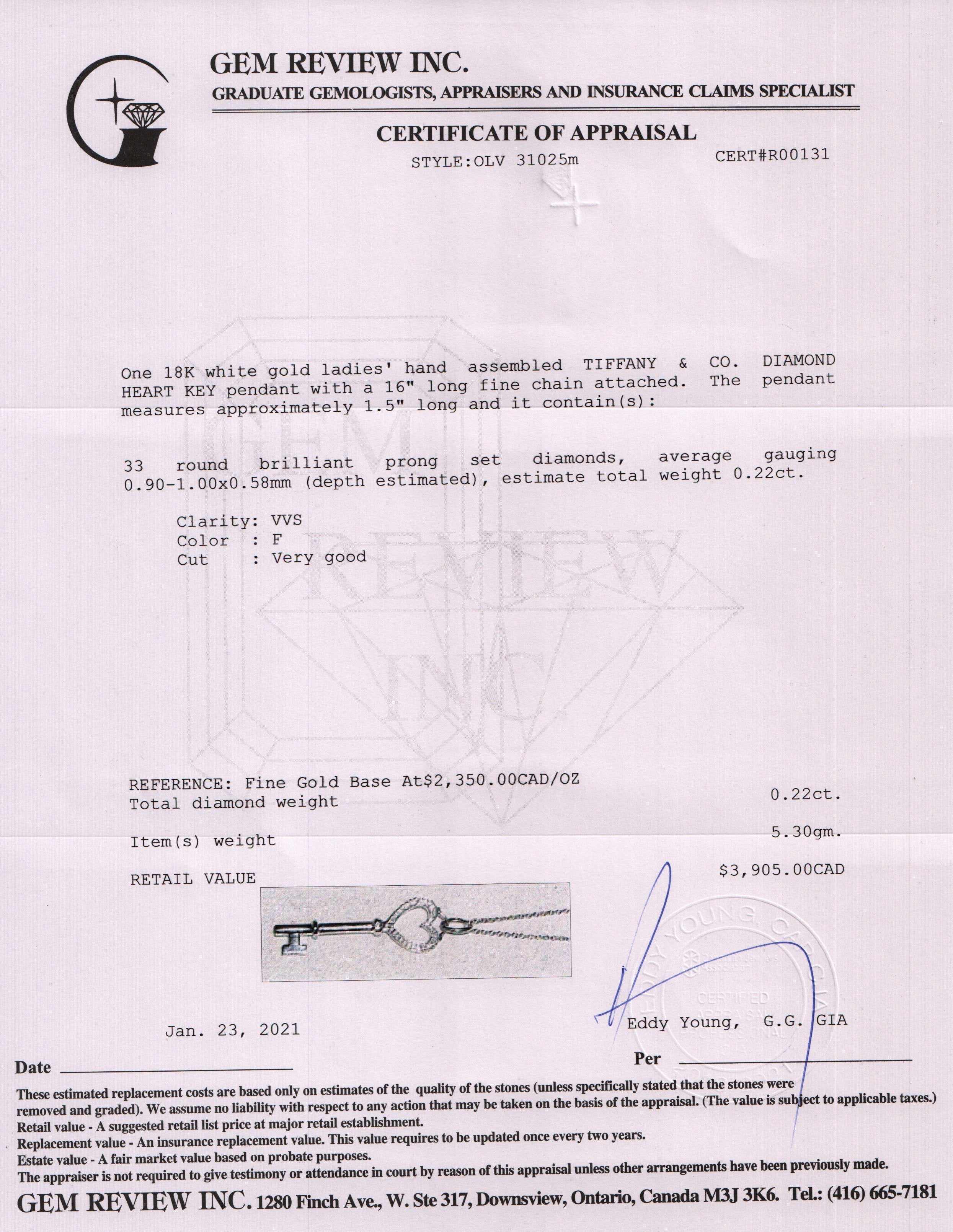 Tiffany & Co. 18k White Gold Diamond Heart Key Pendant Necklace
