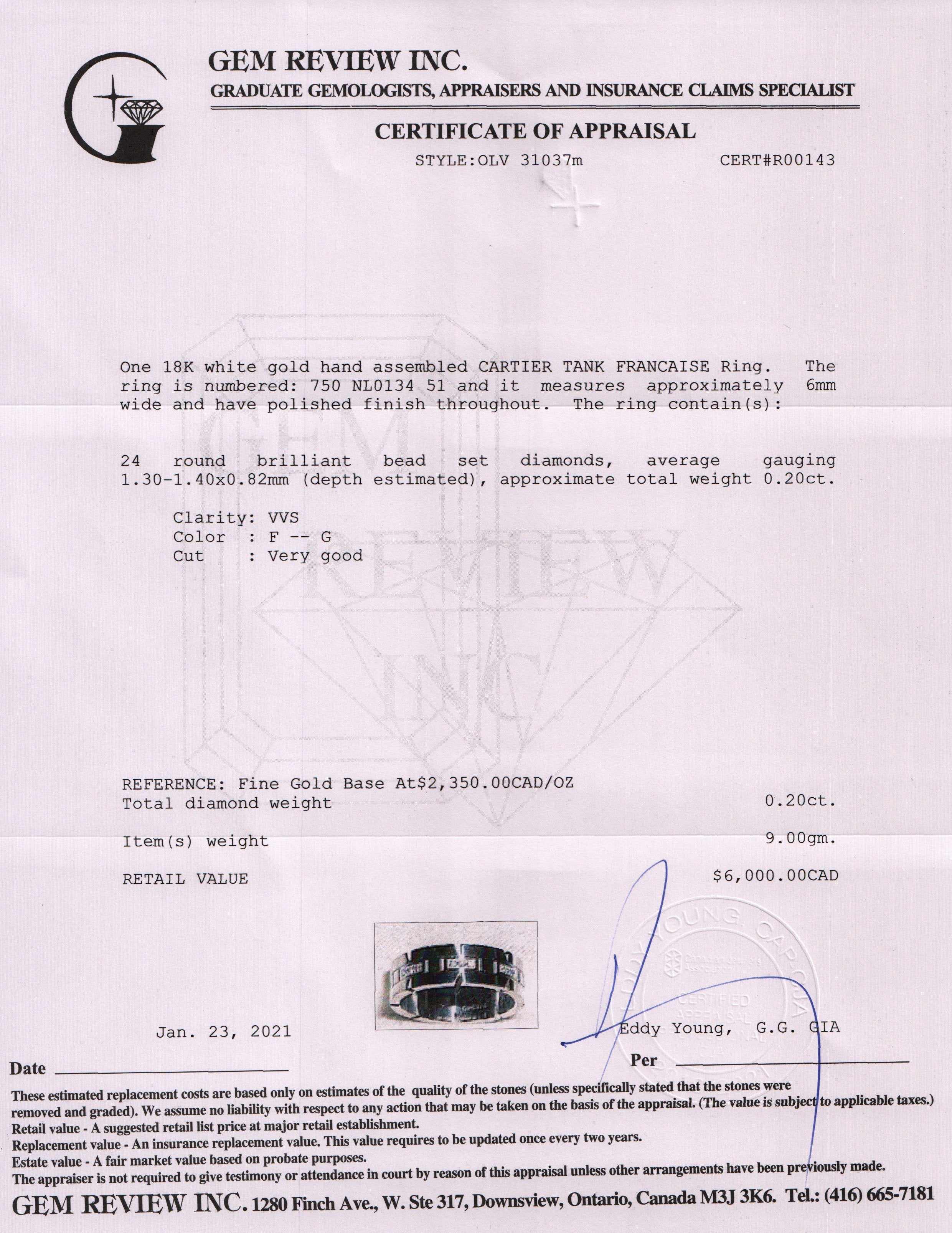 Cartier 18k White Gold Diamond Tank Francaise Ring