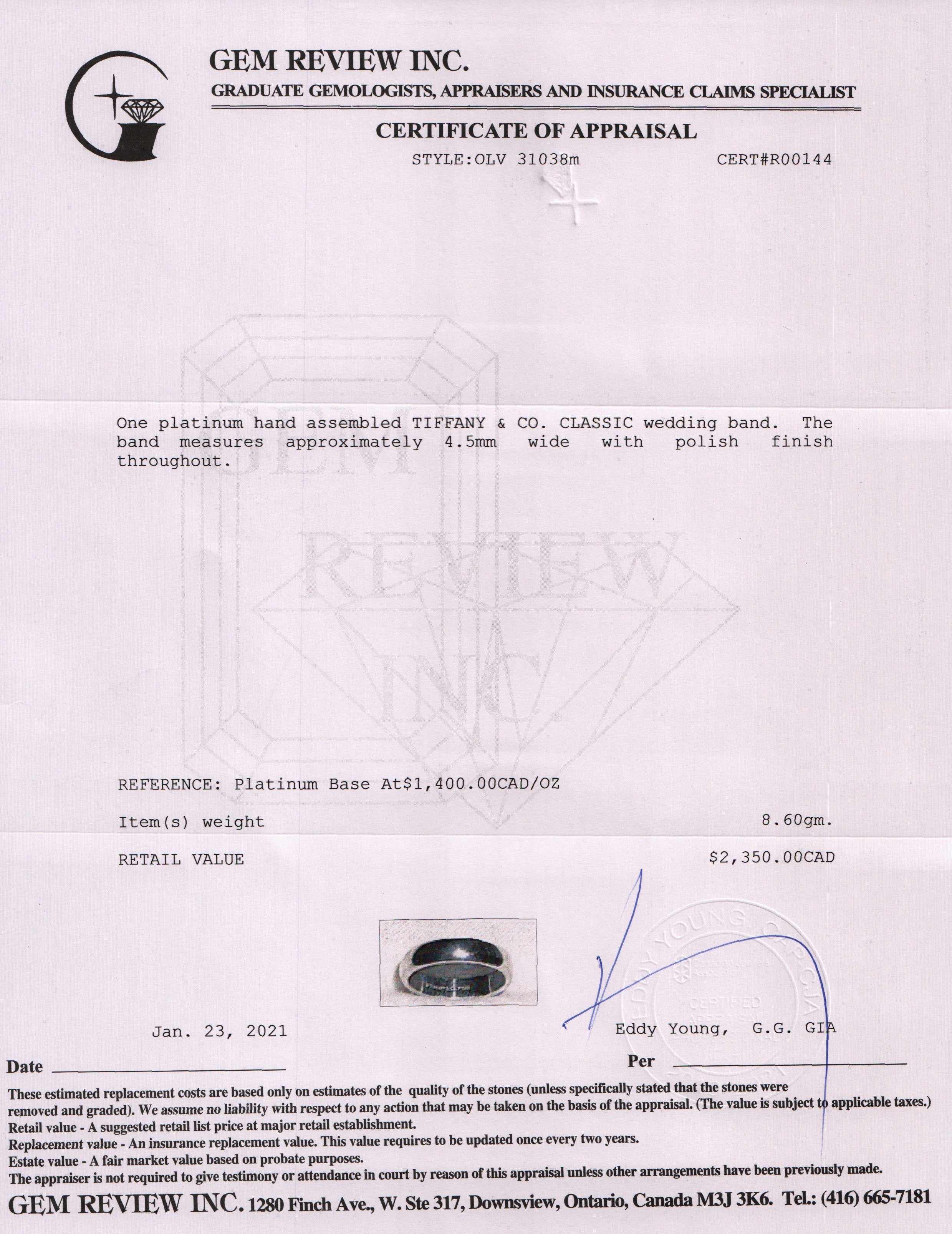 Tiffany & Co. Classic Platinum Wedding Band Ring