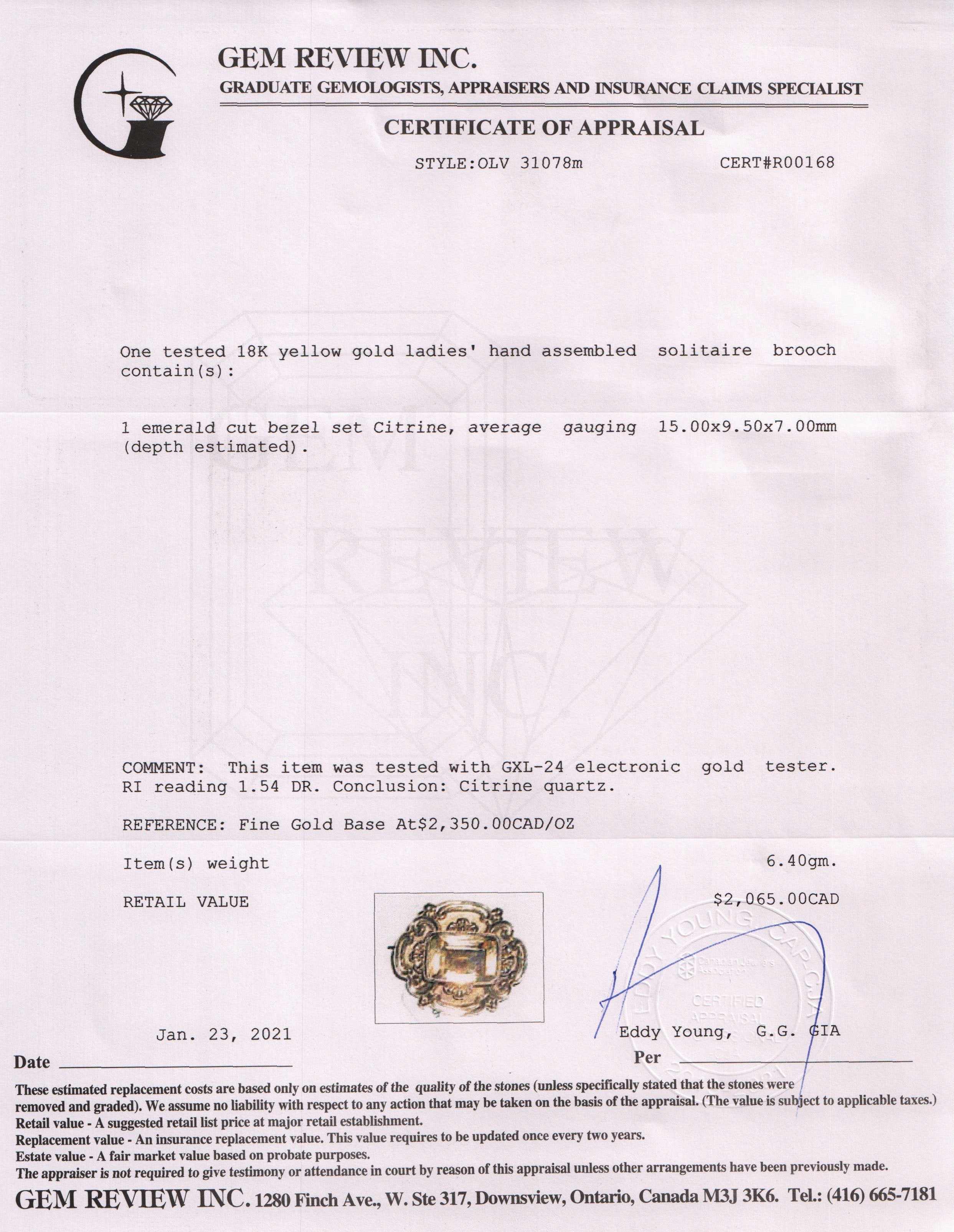 Antique Citrine Solitaire Brooch