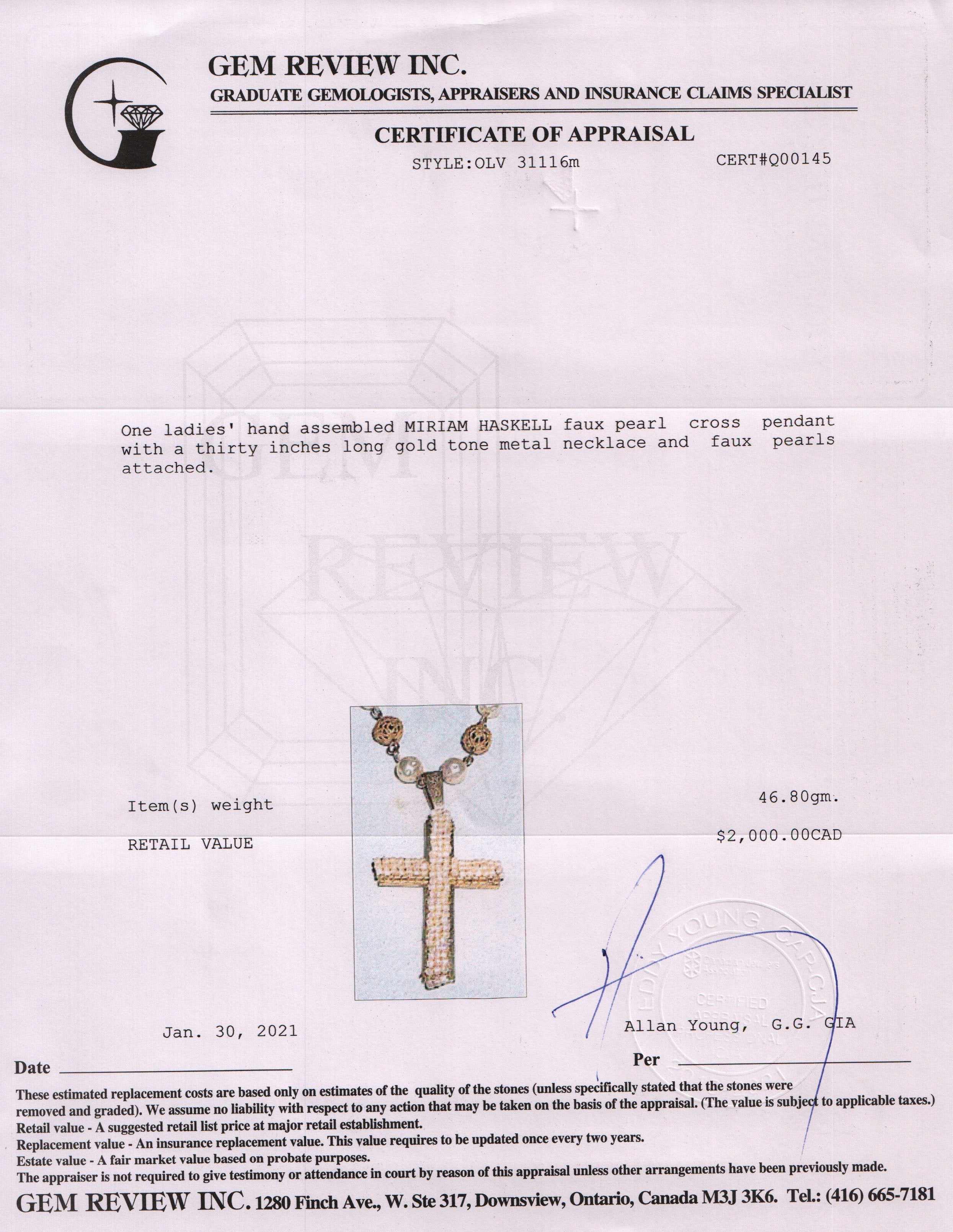 Miriam Haskell Vintage Antique Faux Pearl Cross Pendant Necklace