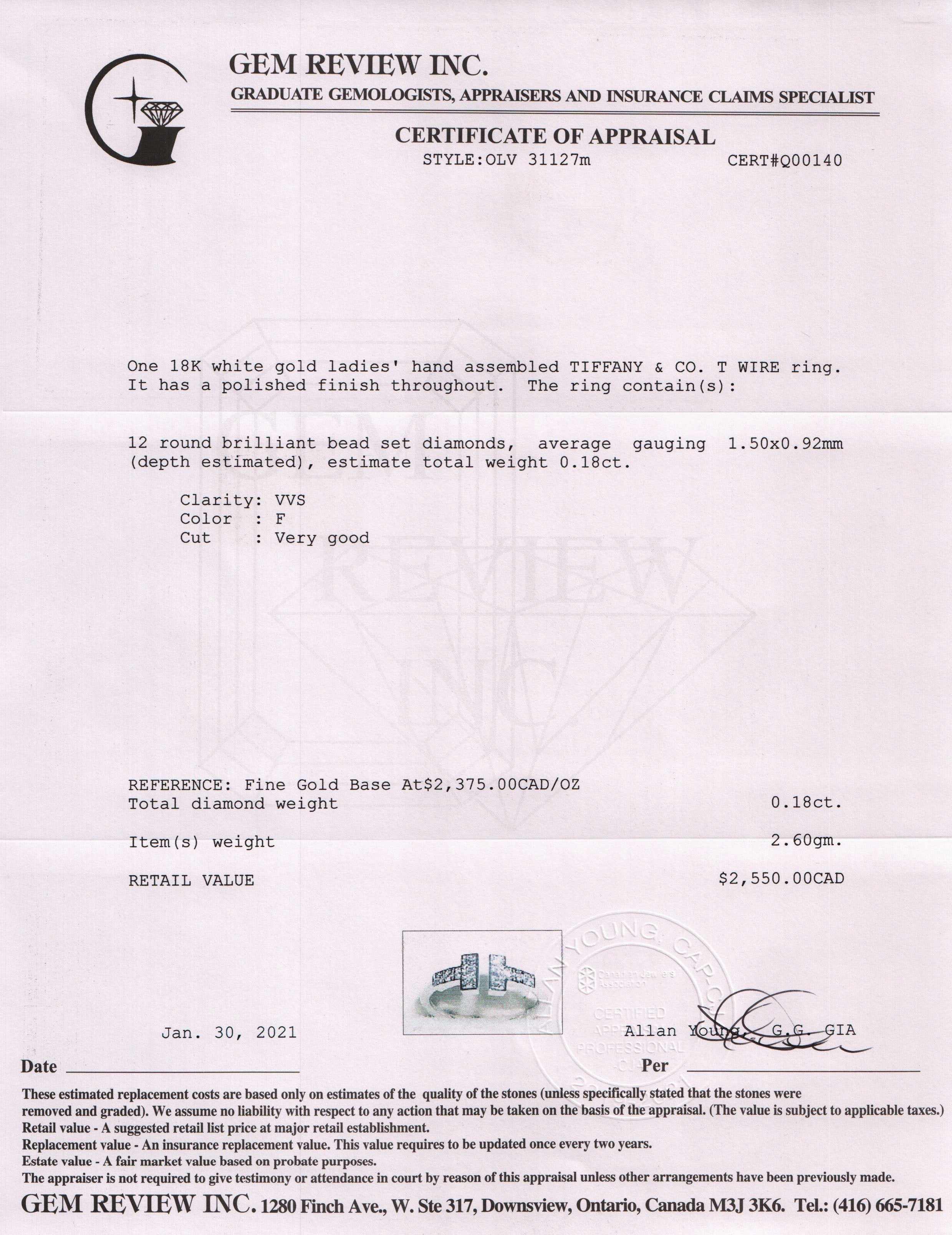 Tiffany & Co. 18k White Gold Diamond T Wire Ring w/ Box