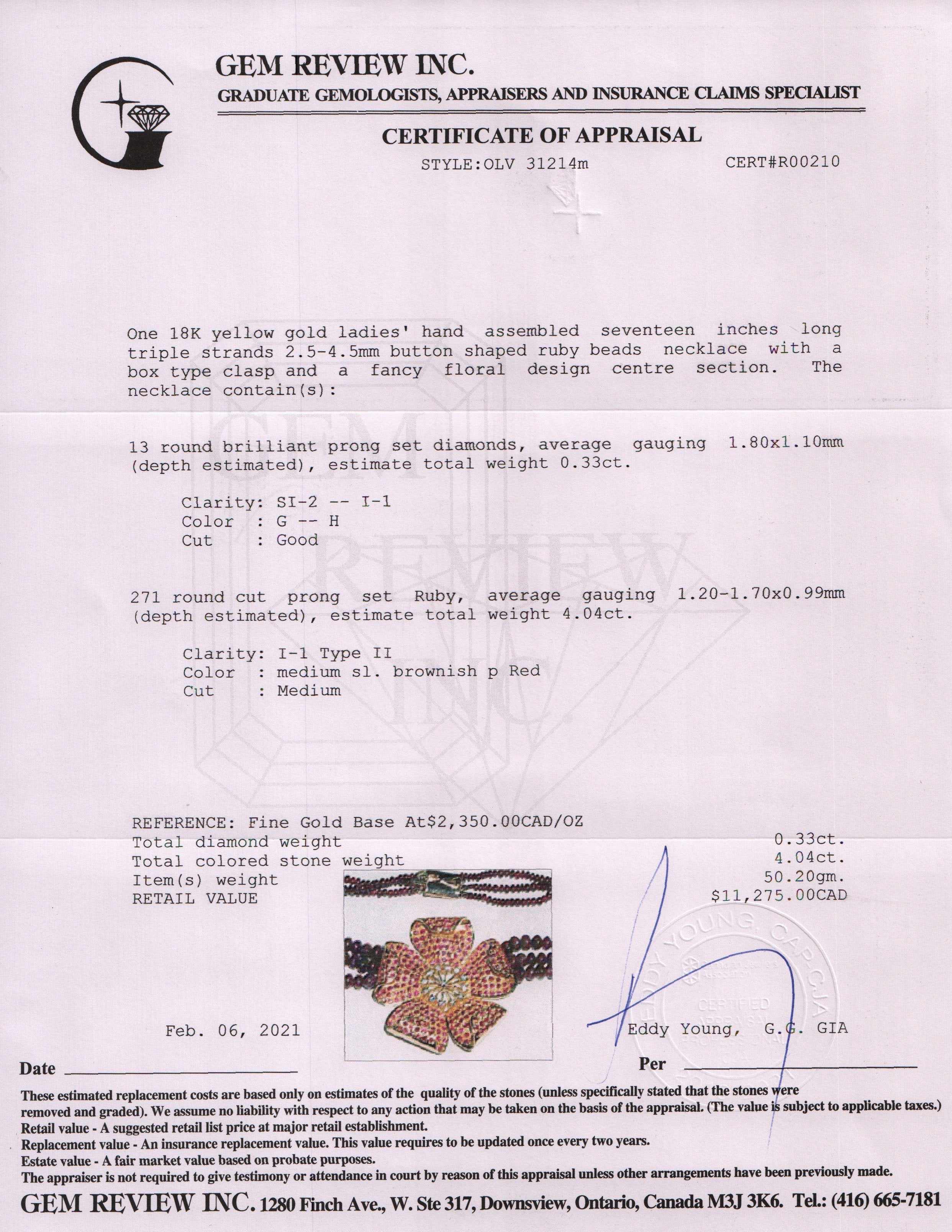 Triple Strand Ruby and Diamond Flower Pendant Necklace