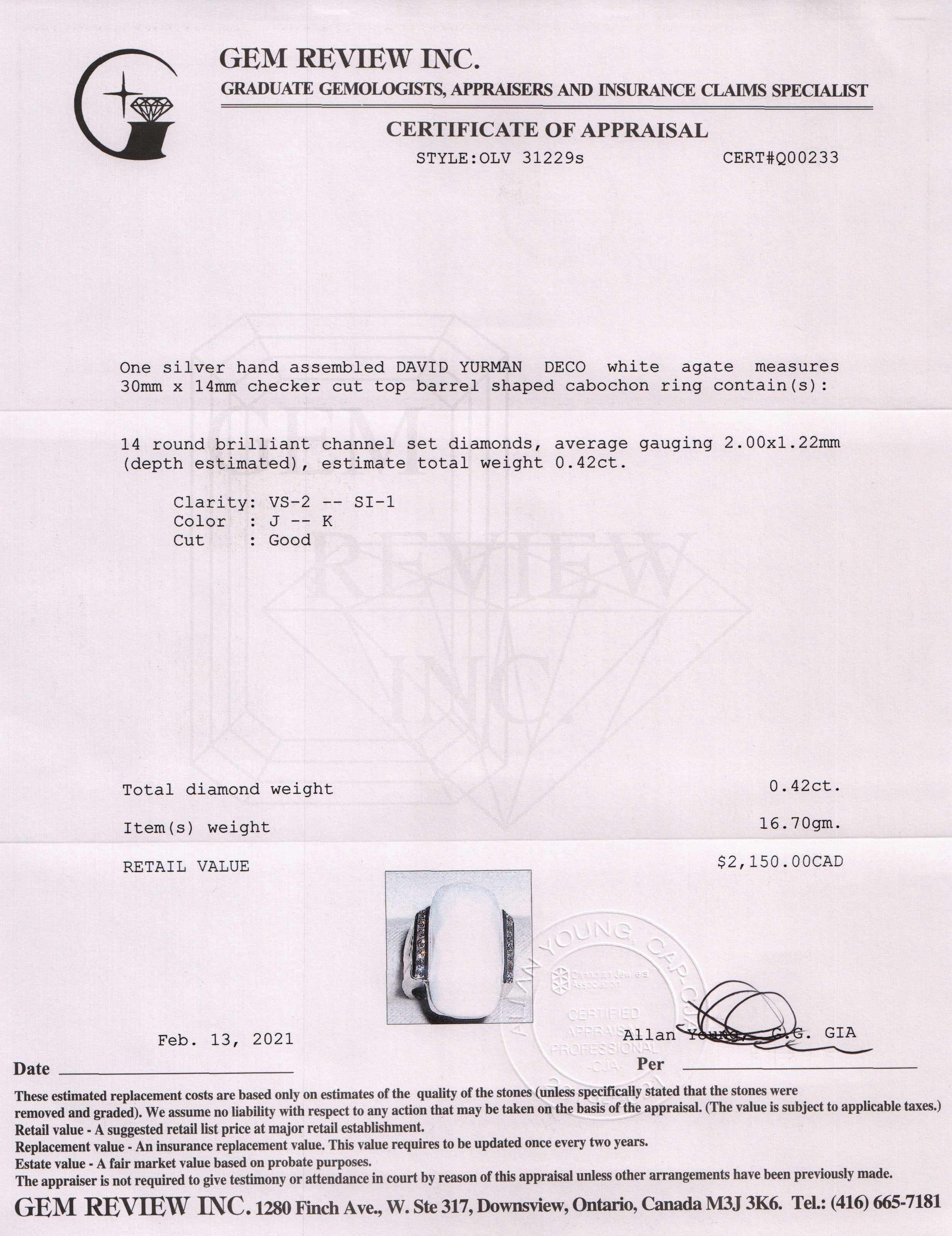 David Yurman Deco White Agate & Diamond Cocktail Ring