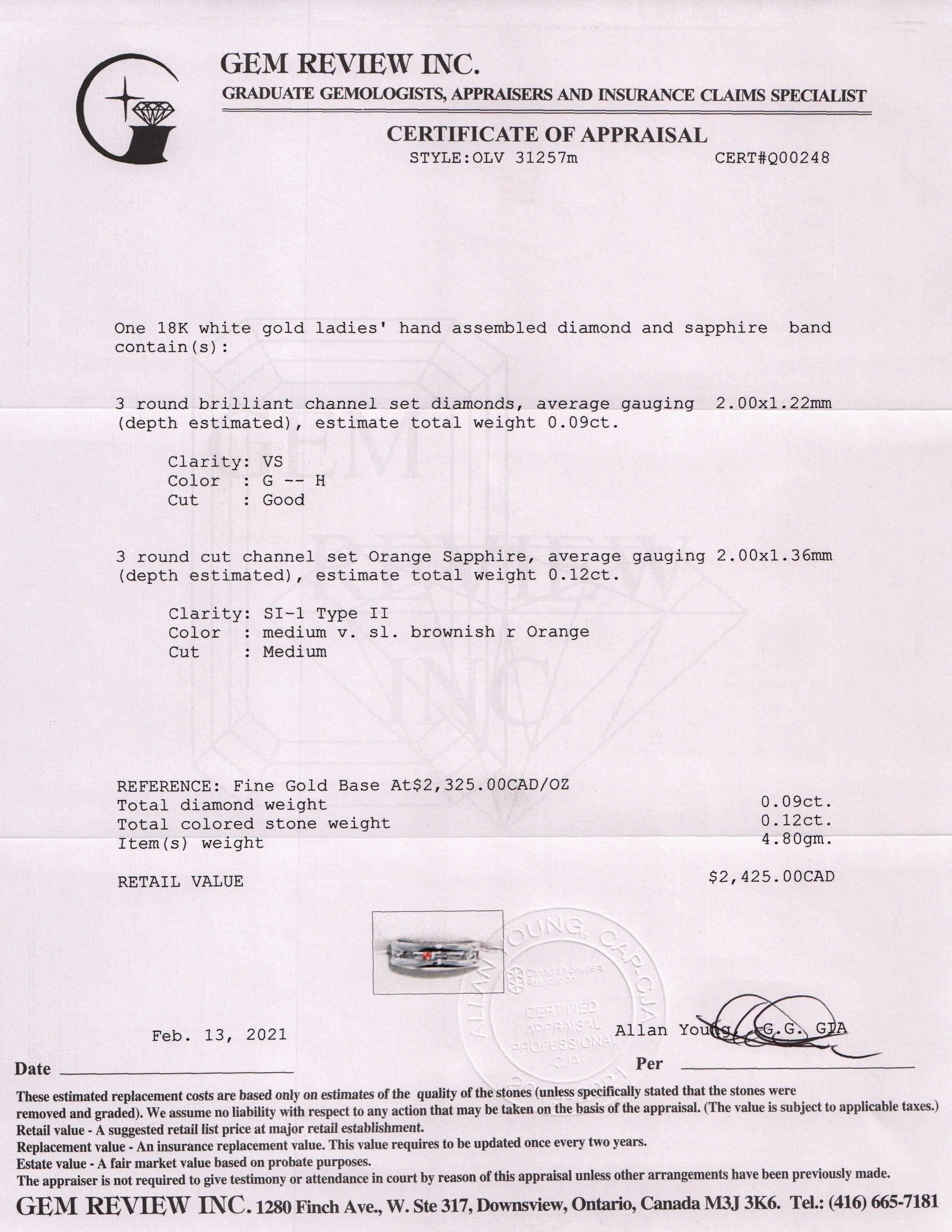 Orange Sapphire and Diamond Band Ring