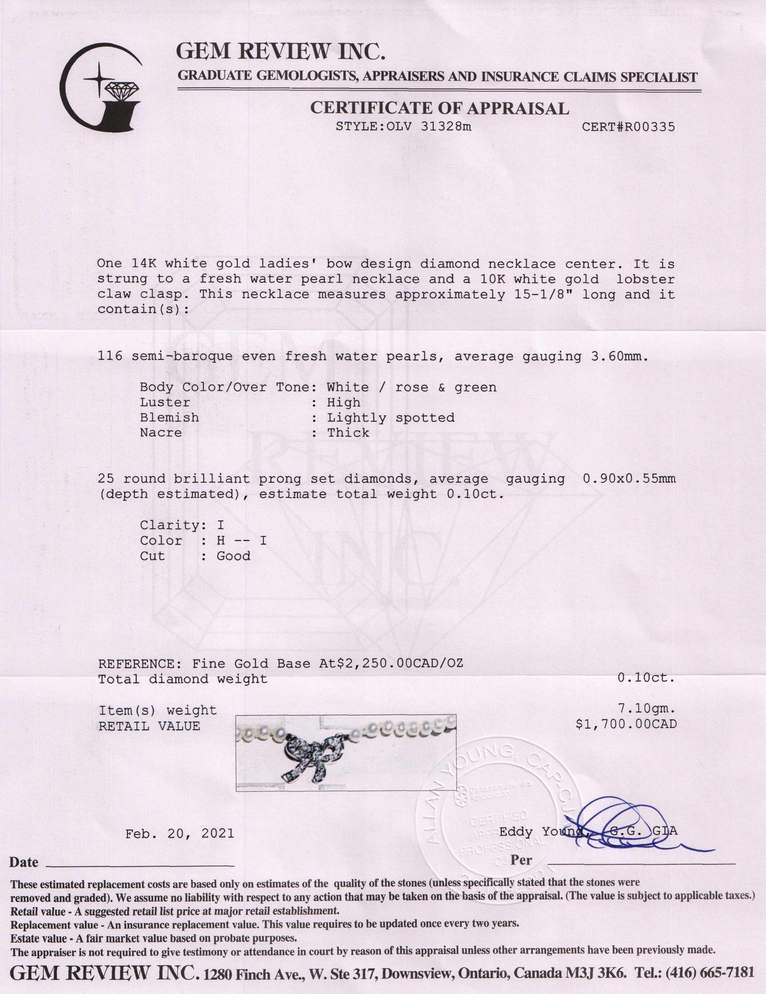 Diamond Bow Pearl Necklace