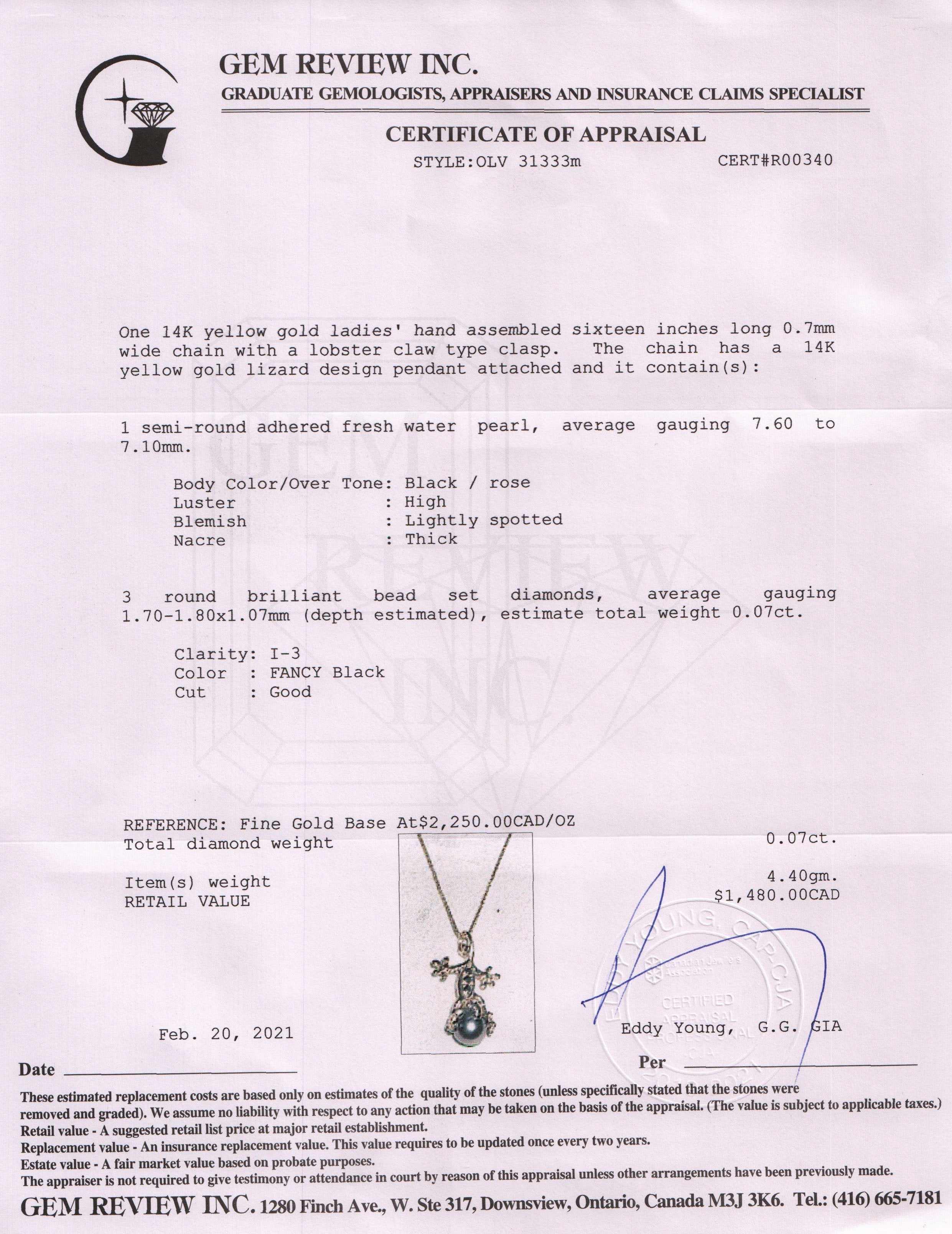 Black Pearl & Diamond Lizard Pendant Necklace