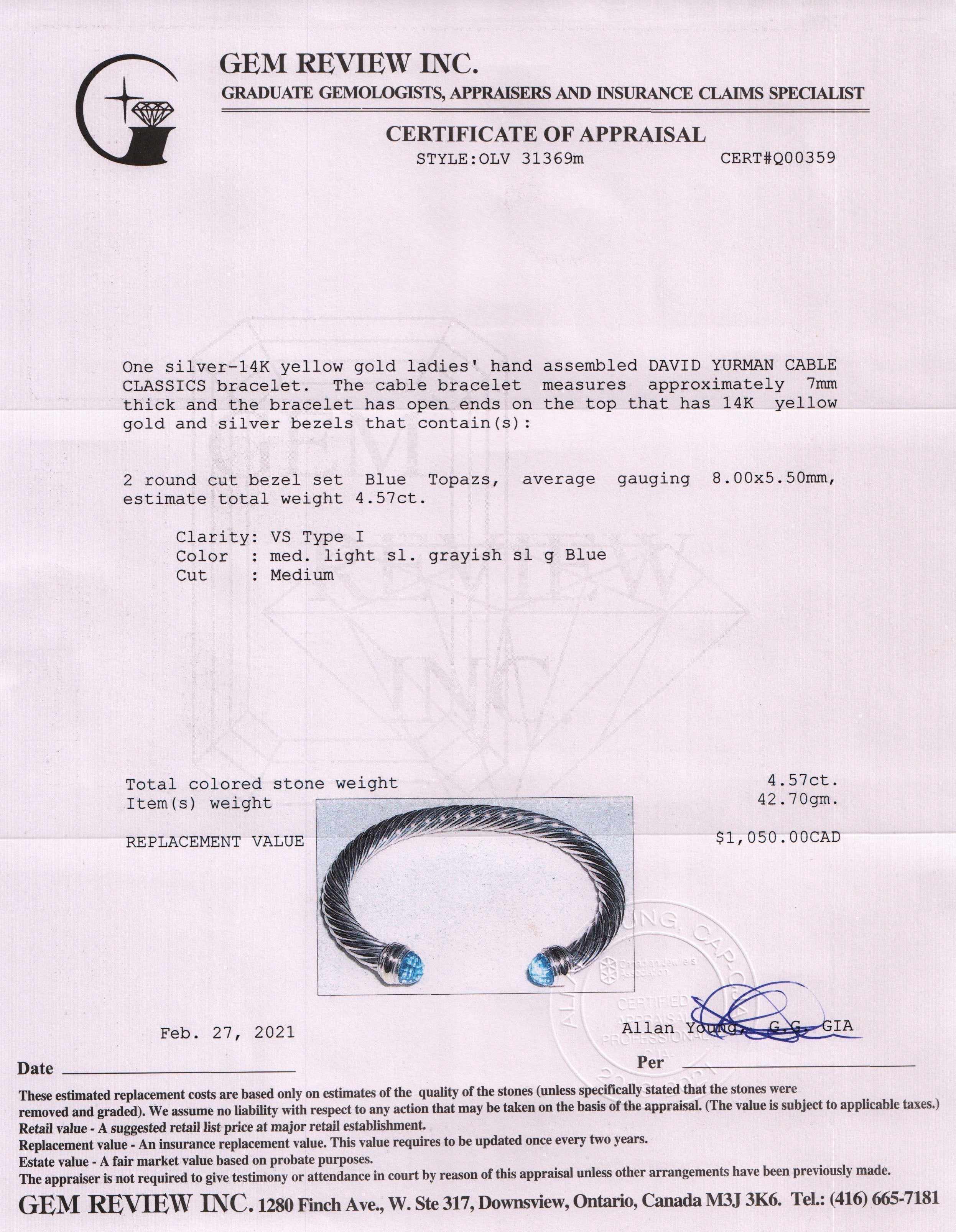 David Yurman Two-Tone Cable Classics Bracelet with Blue Topaz