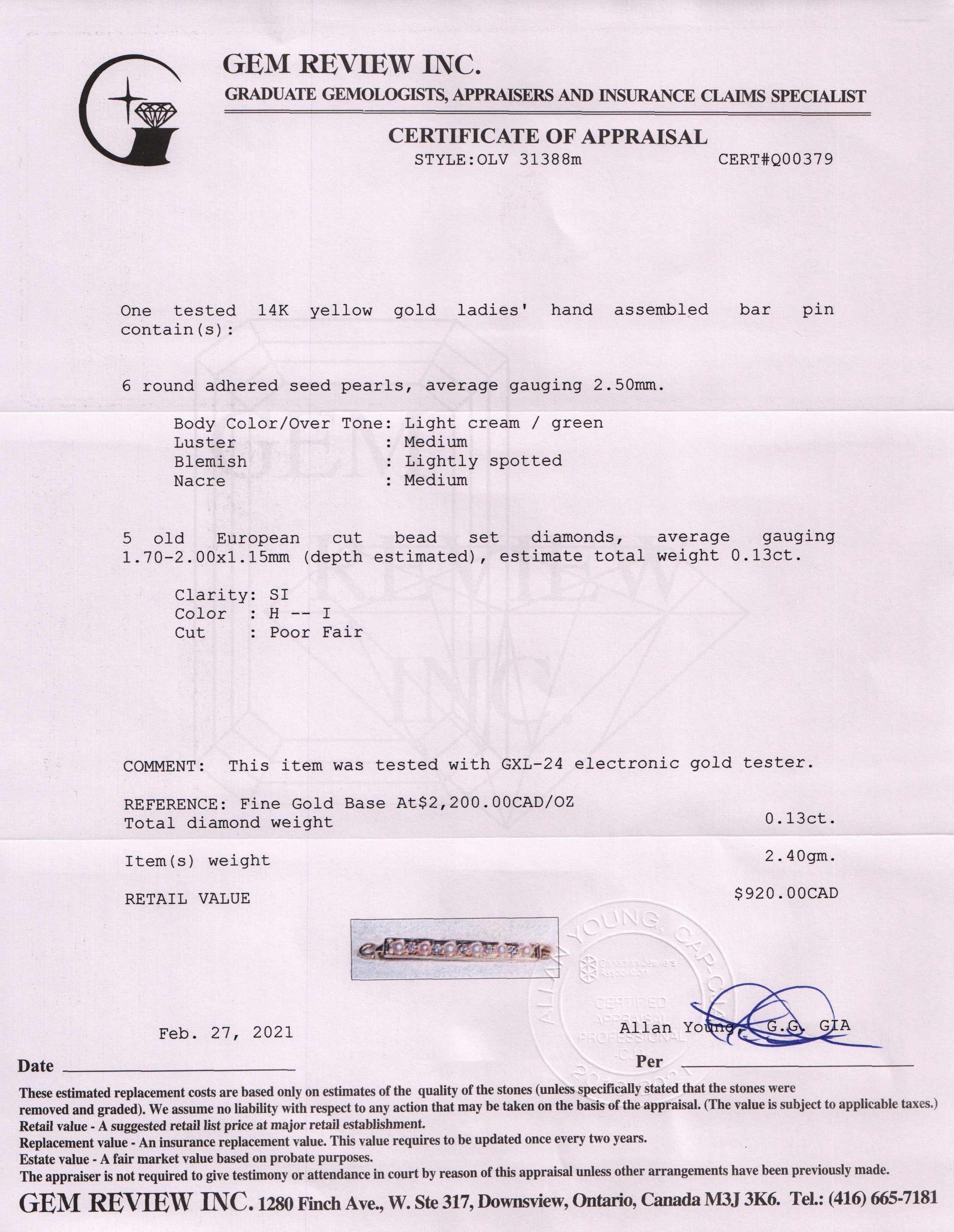 Antique Seed Pearl & Diamond Bar Brooch