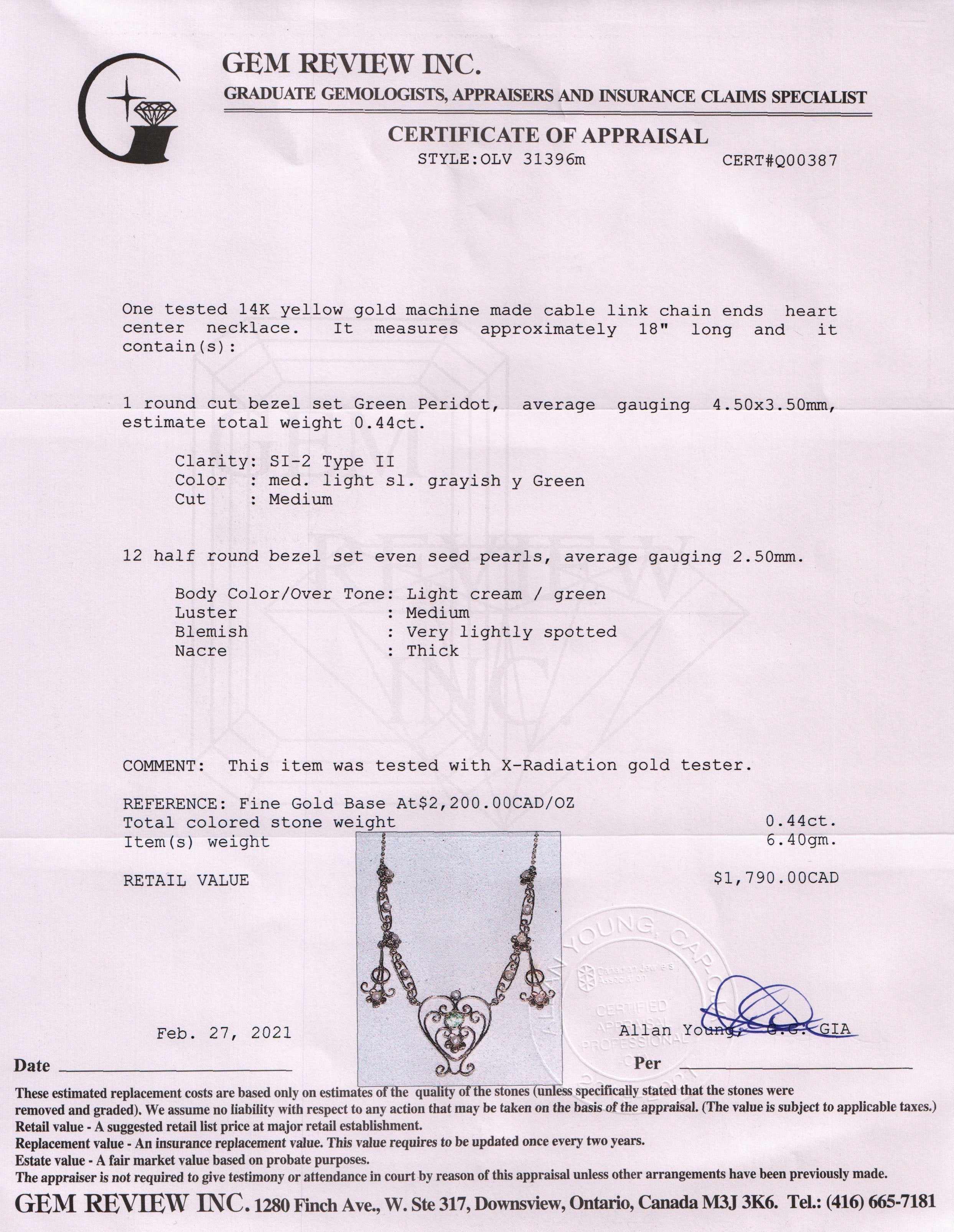 Antique Peridot & Seed Pearl Pendant Necklace