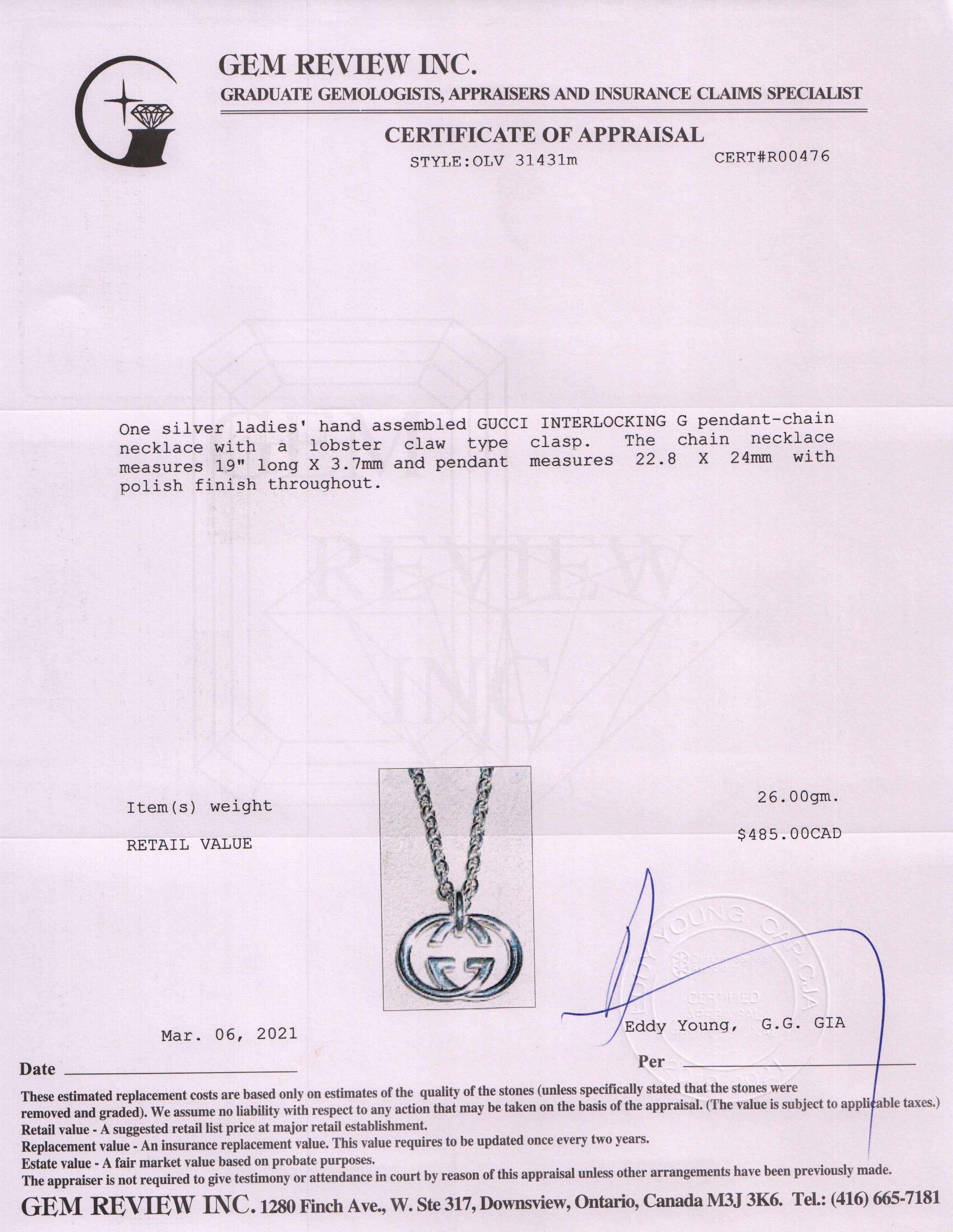 Gucci Interlocking G Pendant Necklace w/ Box