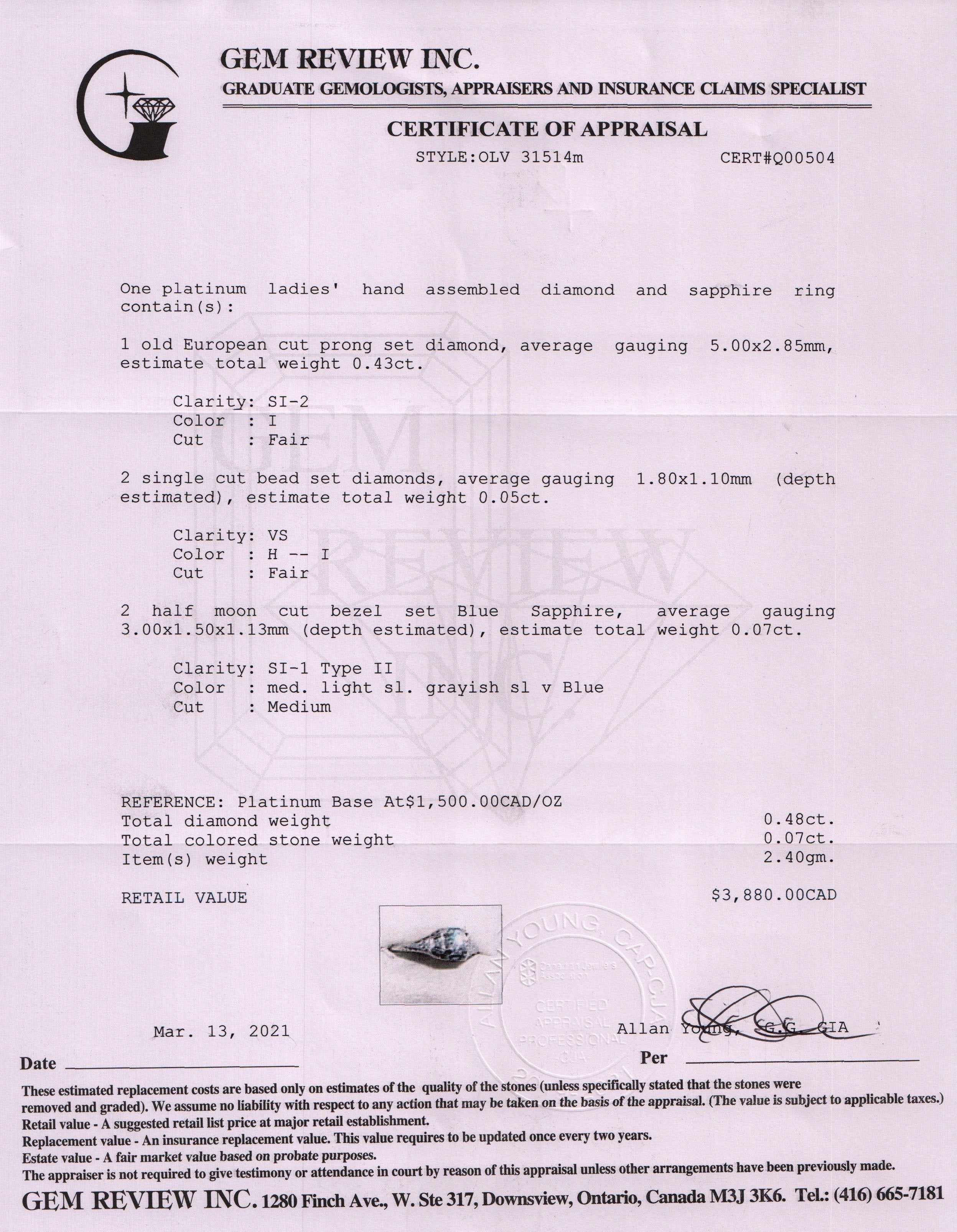 Antique Platinum Diamond & Blue Sapphire Ring