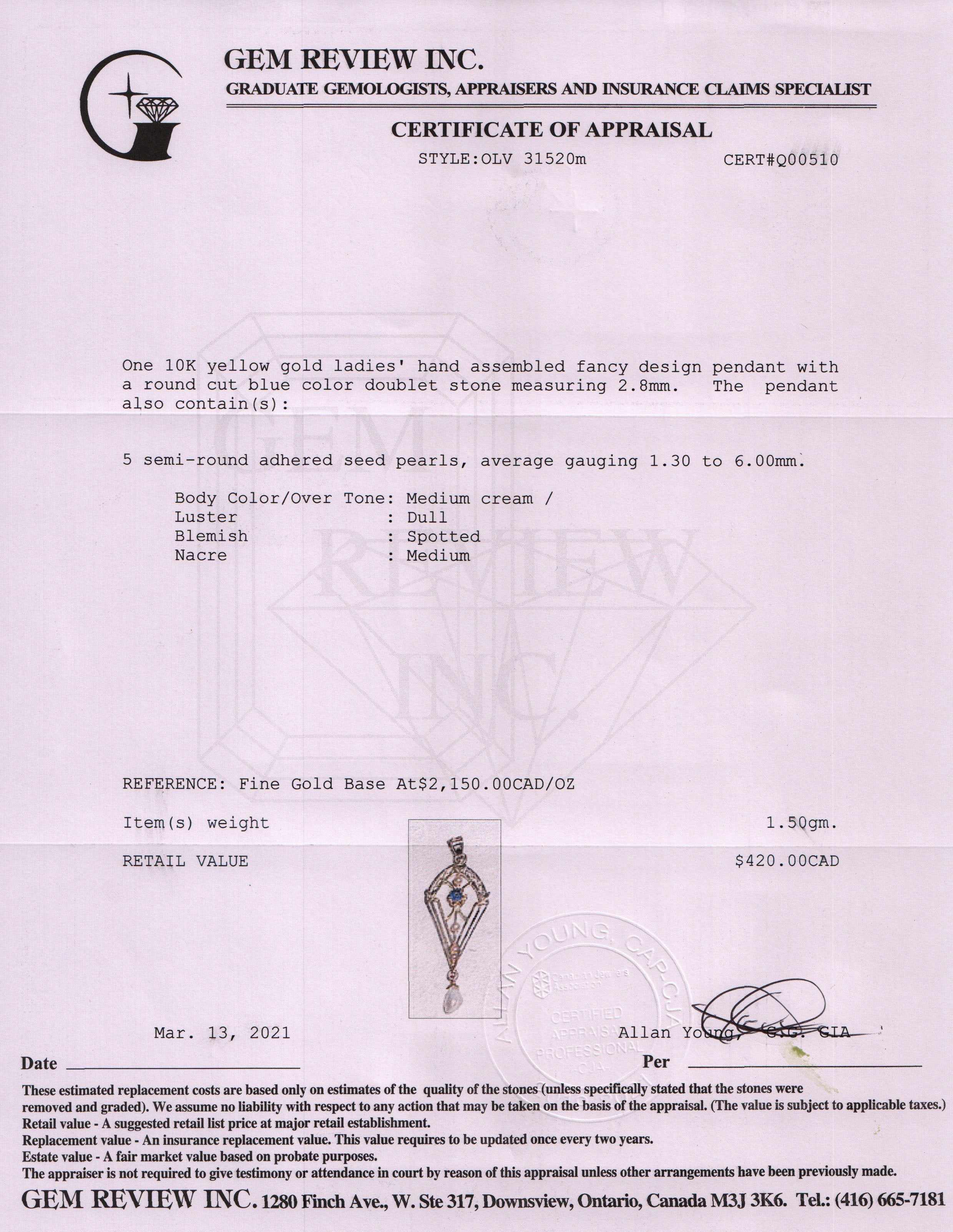 Antique Blue Stone & Seed Pearl Pendant