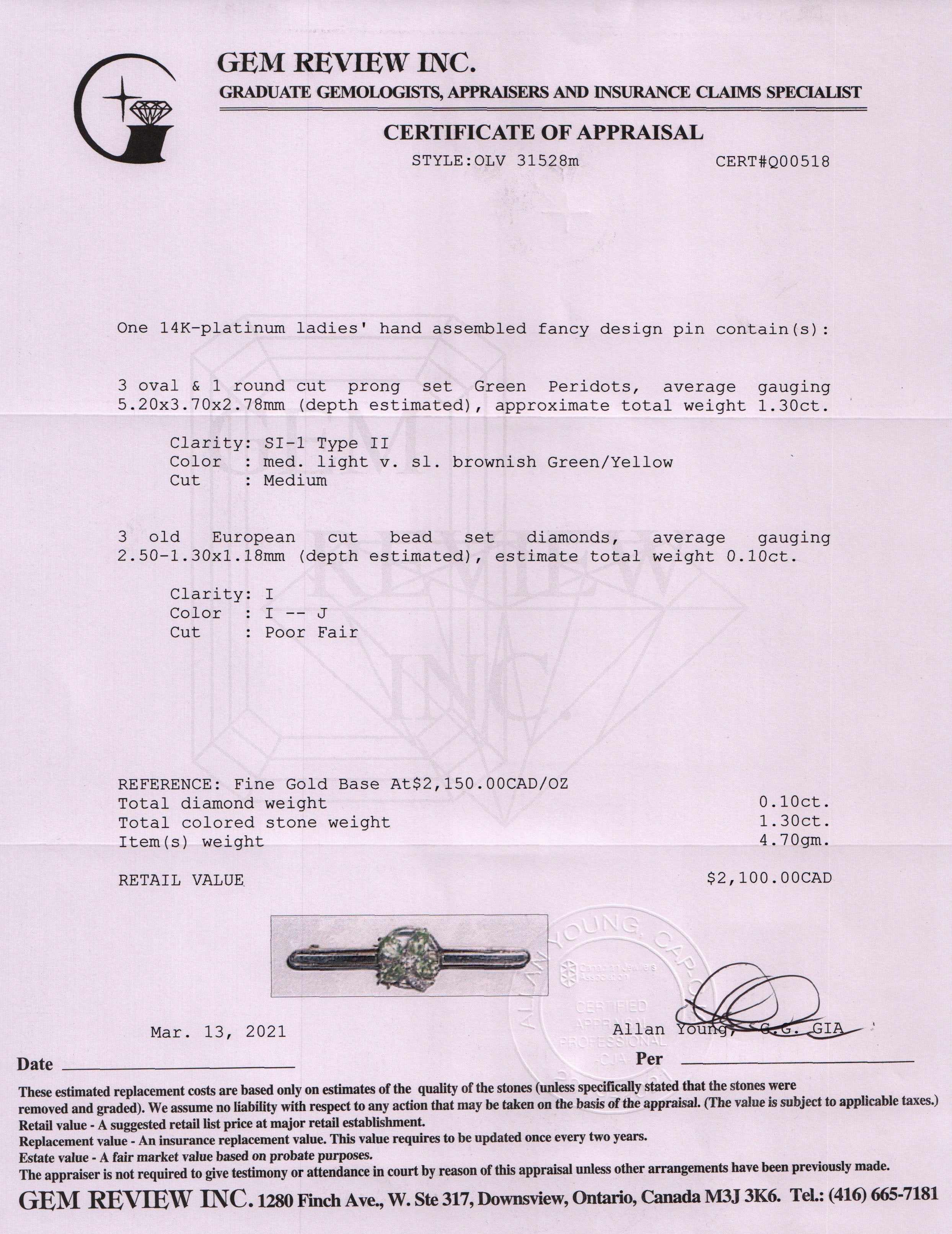 Antique Peridot & Diamond Bar Brooch