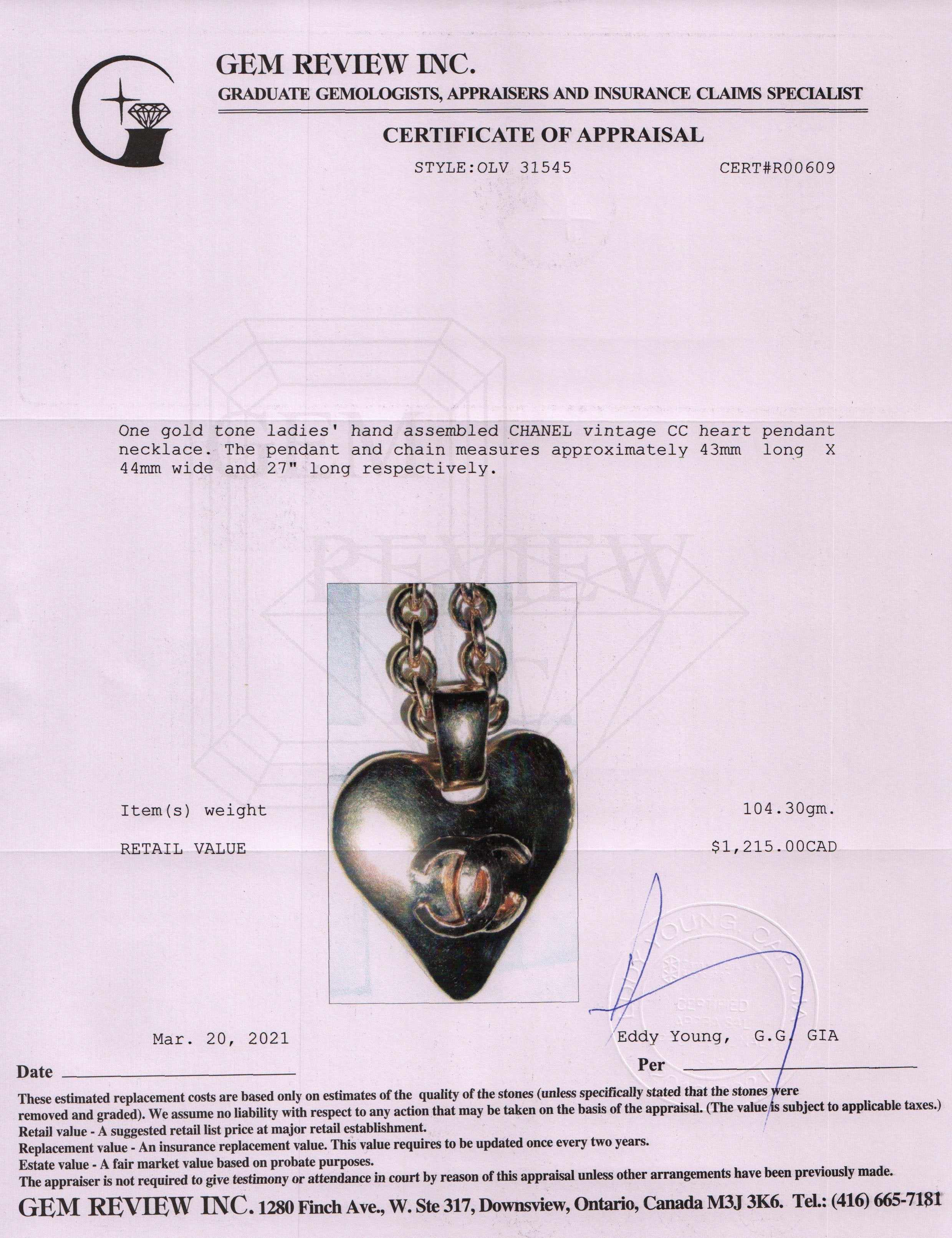 Chanel Vintage CC Heart Pendant Necklace w/ Box