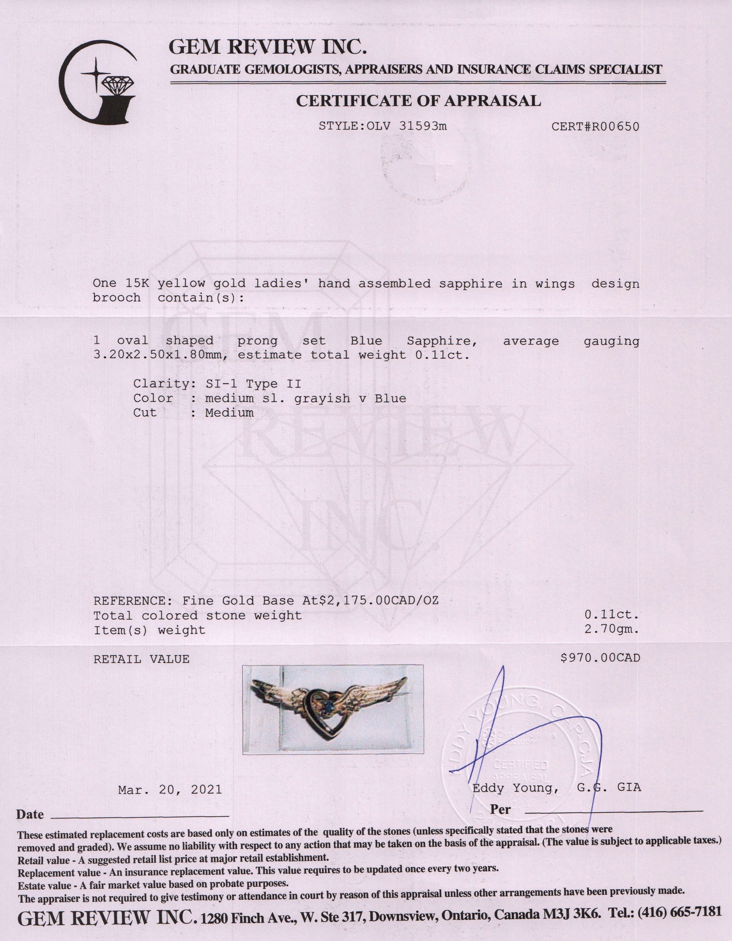 Antique Blue Sapphire Wings in Heart Brooch