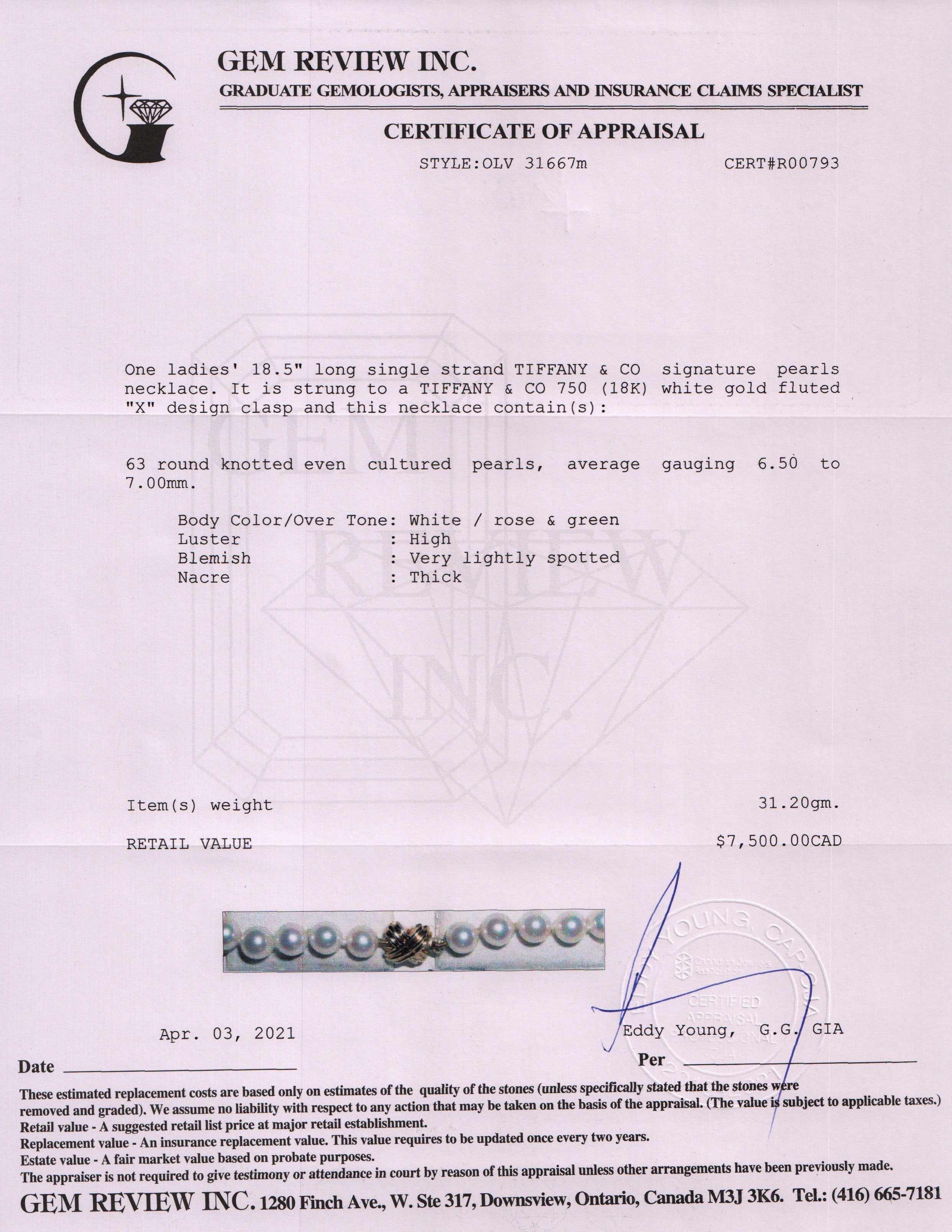 Tiffany & Co. 18k Gold Signature Pearl Strand Necklace