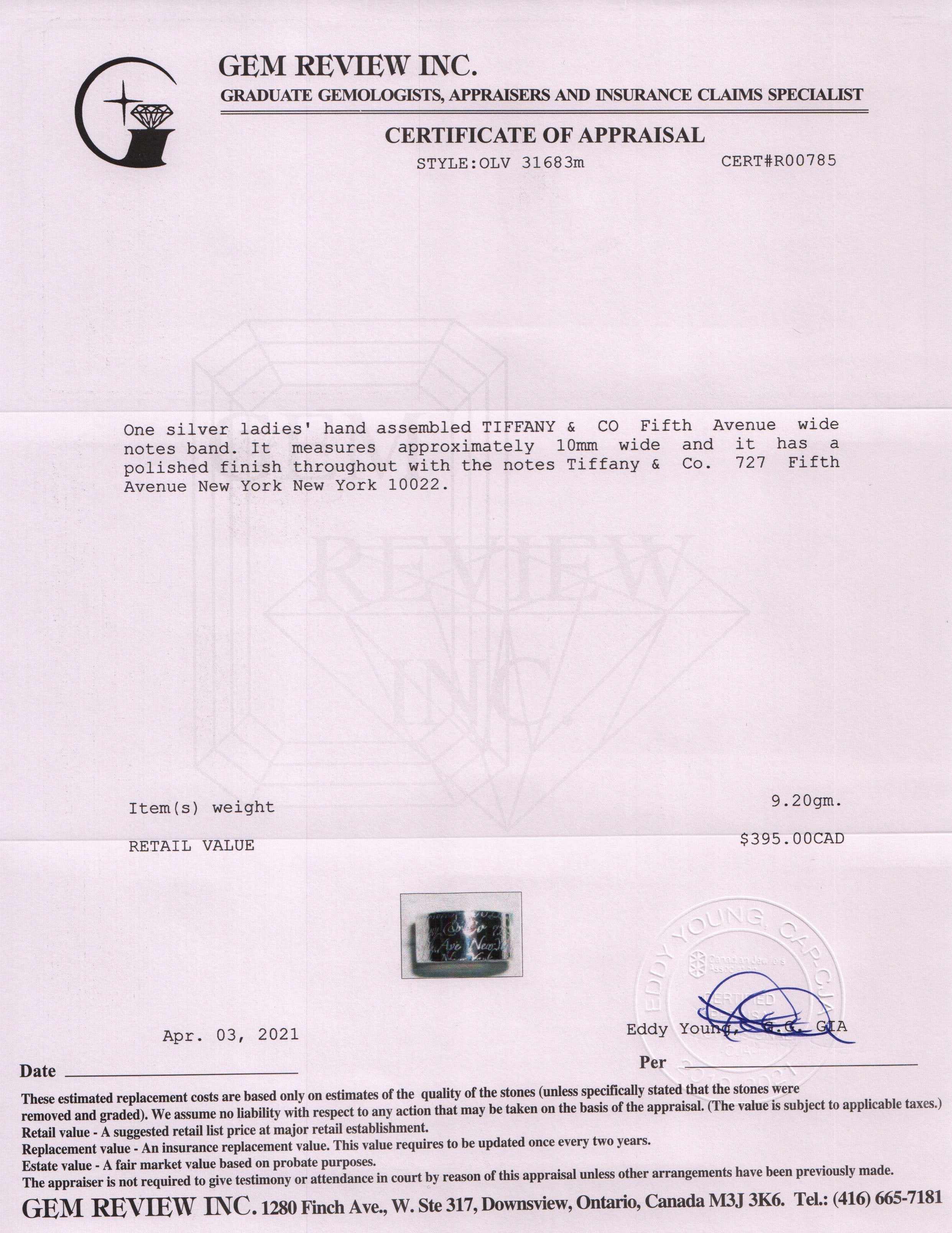 Tiffany & Co. Fifth Ave Wide Notes Band Ring