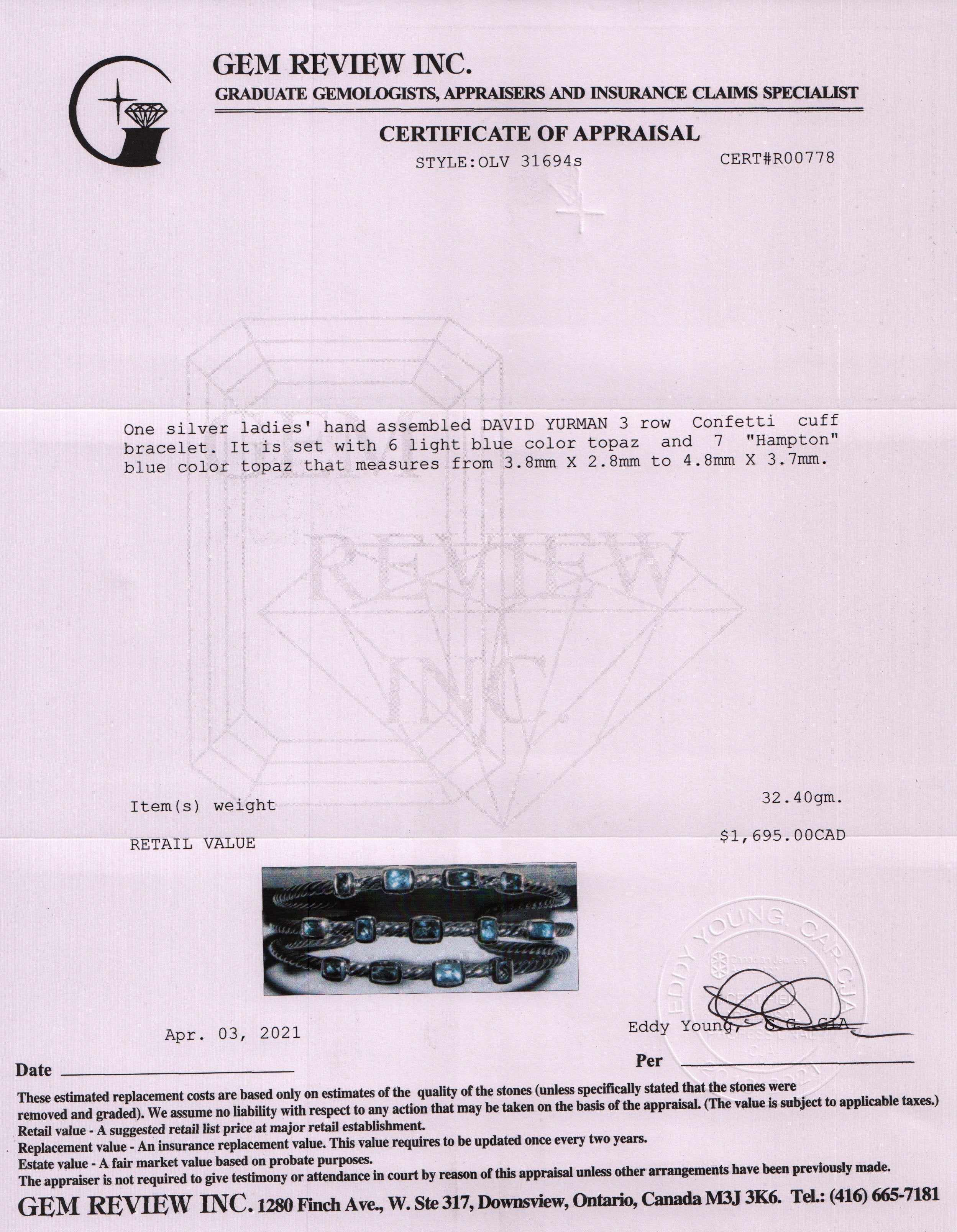 David Yurman Blue Topaz Three Row Confetti Cuff Bracelet