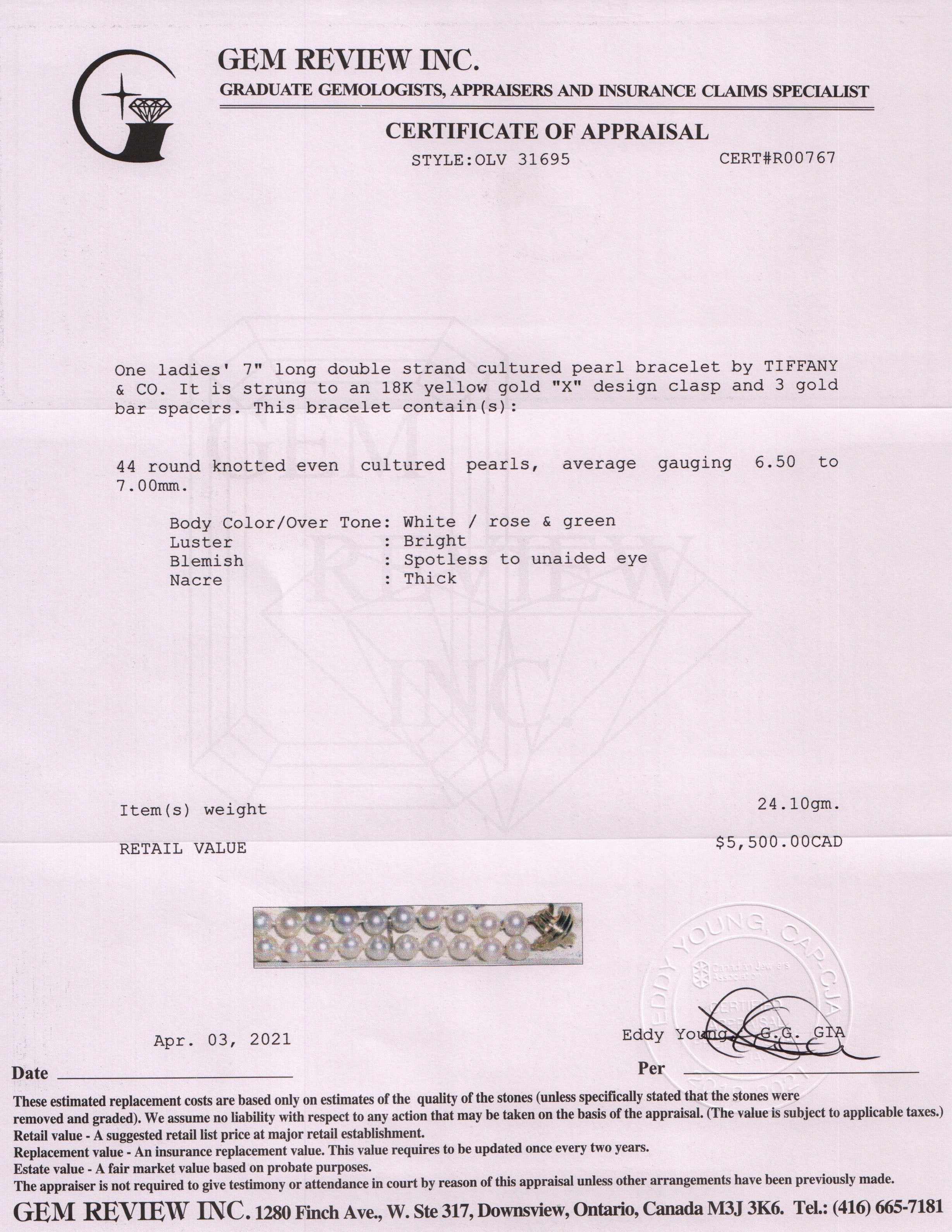 Tiffany & Co. 18k Gold Signature Double Strand Pearl Bracelet