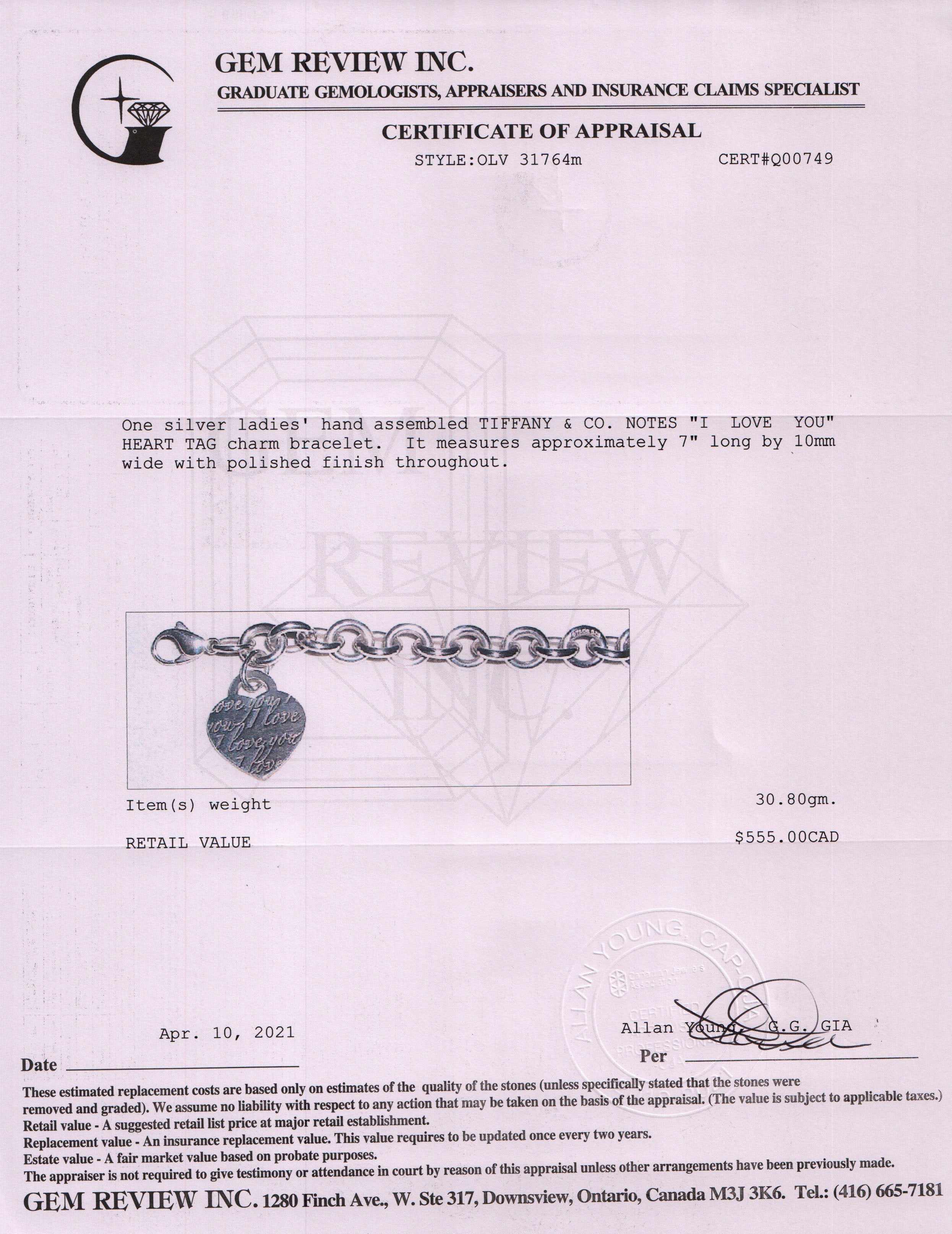 Tiffany & Co. Notes 'I Love You' Heart Tag Charm Bracelet