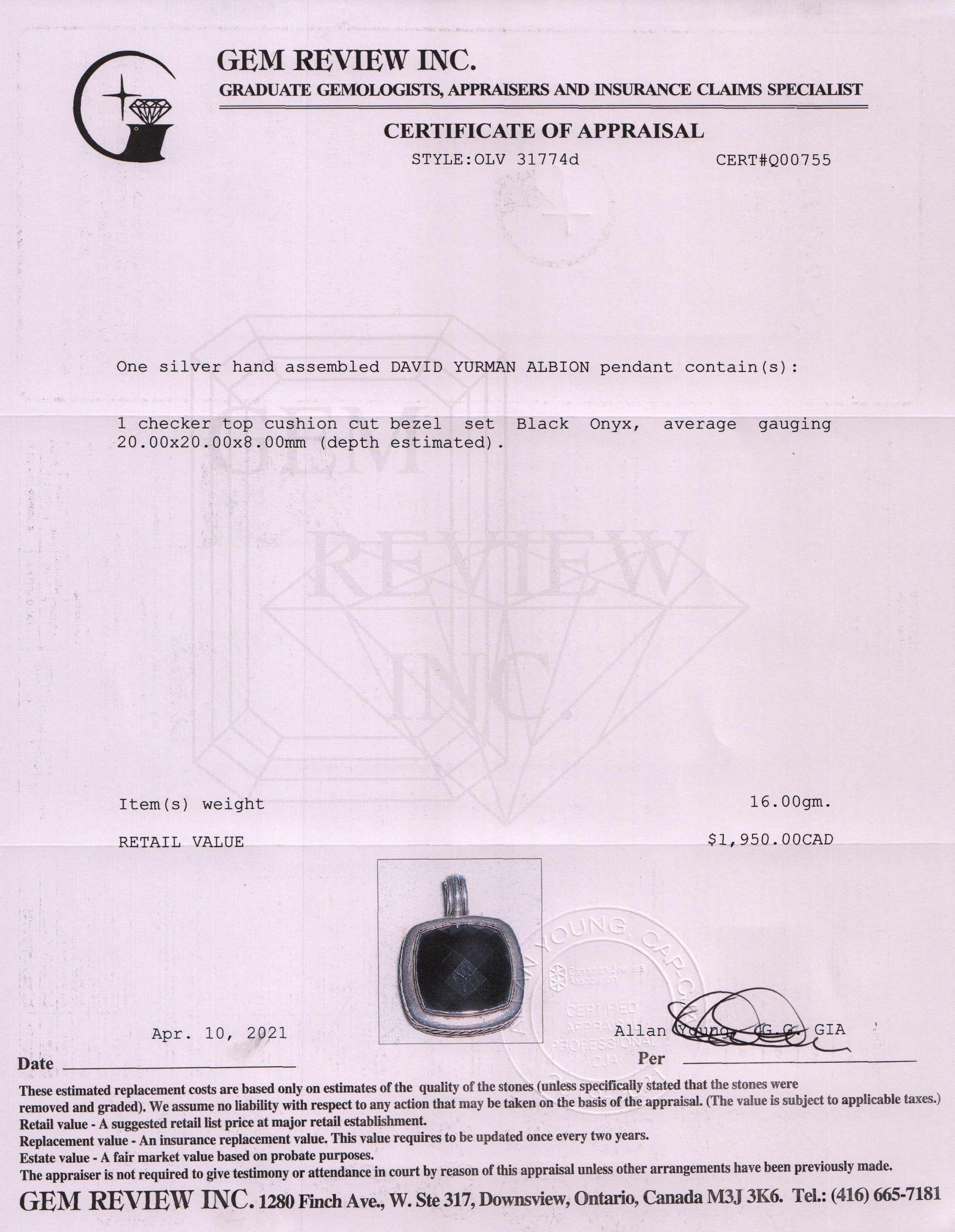 David Yurman Onyx Albion Pendant