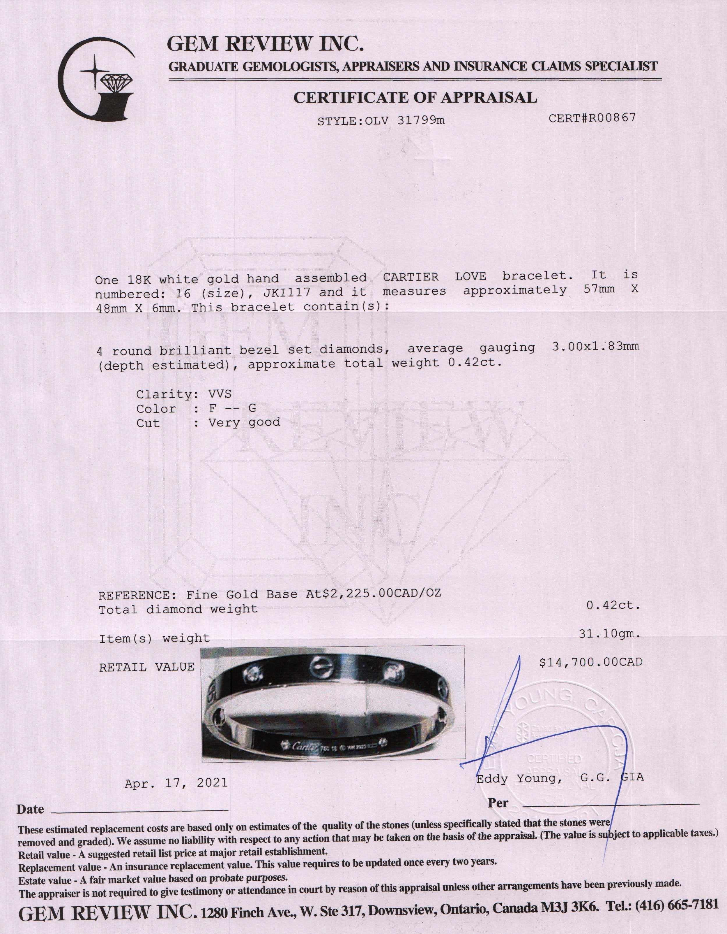 Cartier 18k White Gold 4 Diamond Love Bracelet w/ Box & Certificate