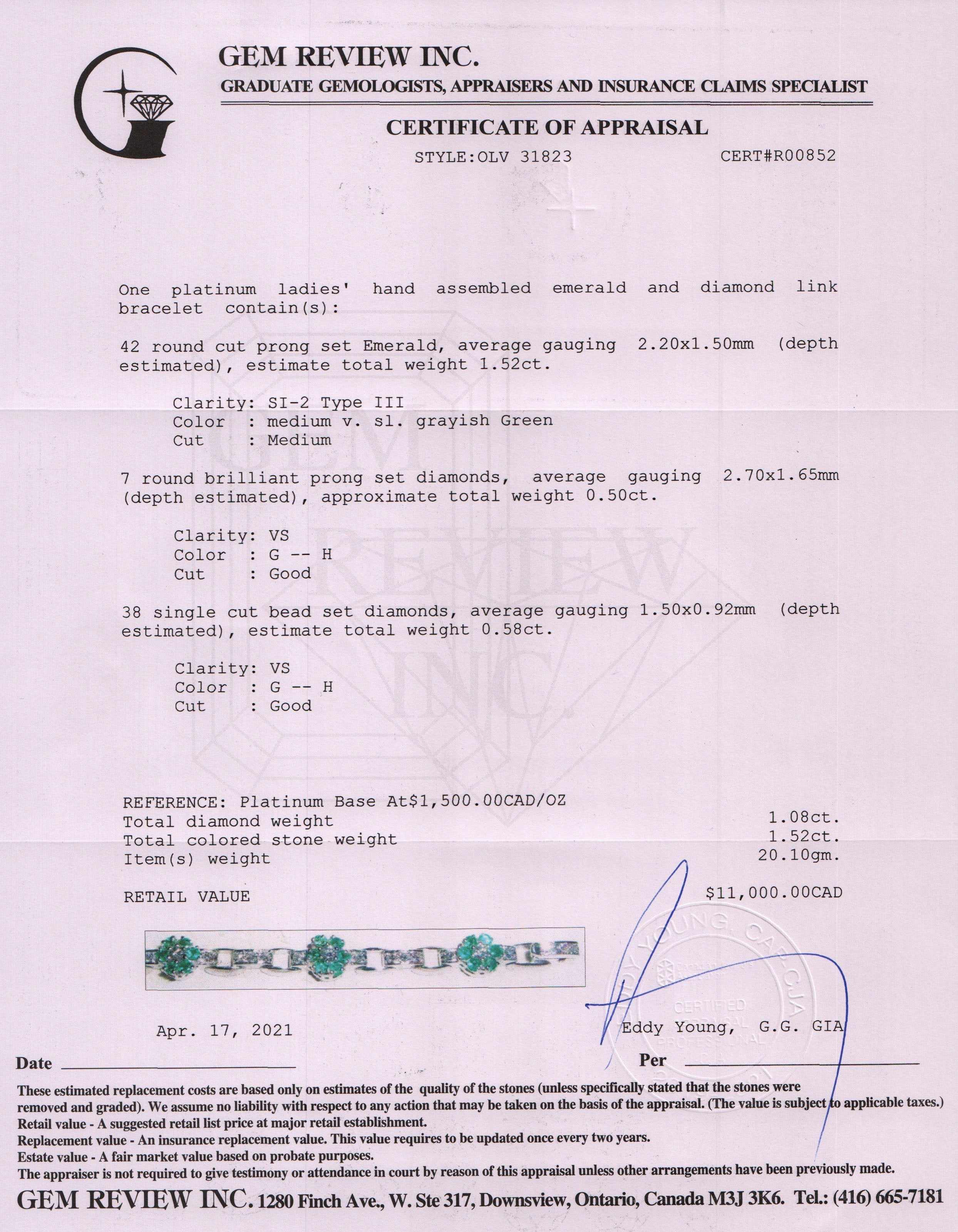 Platinum Emerald & Diamond Link Bracelet