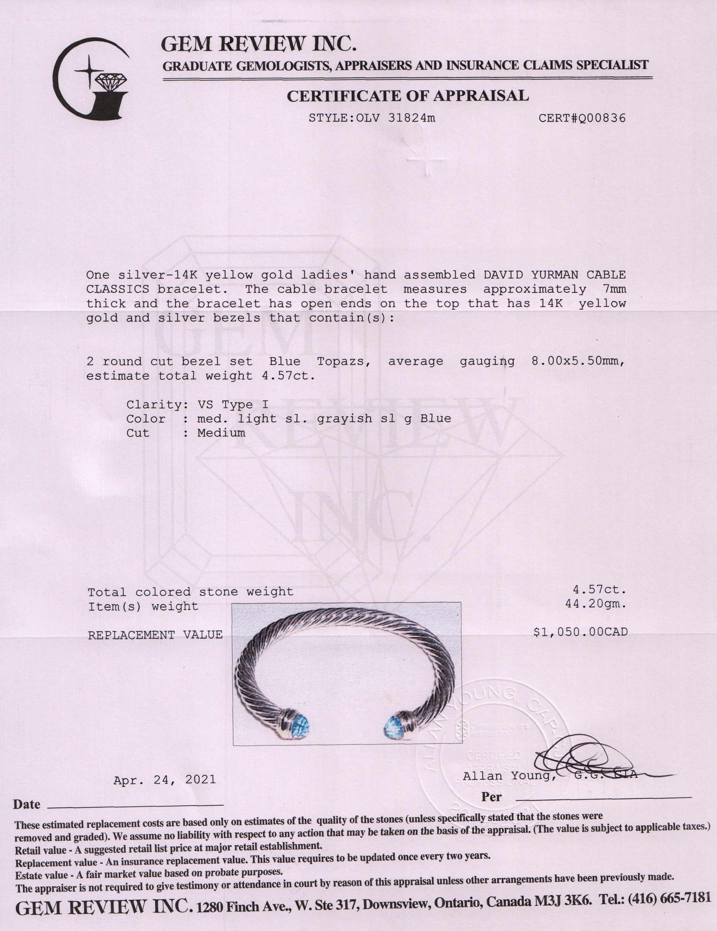 David Yurman Two-Tone Cable Classics Bracelet with Blue Topaz
