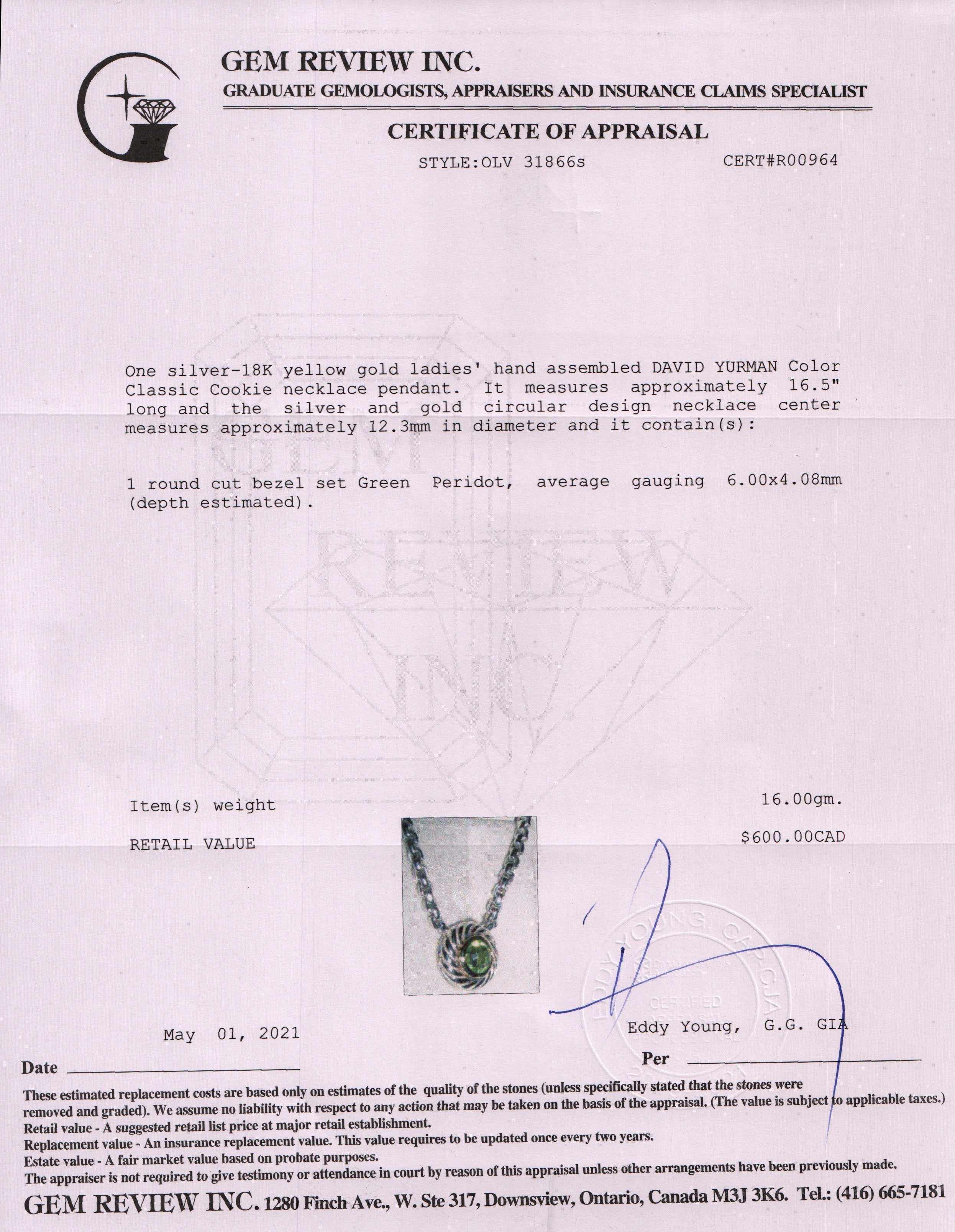 David Yurman Peridot Color Classics Cookie Pendant Necklace