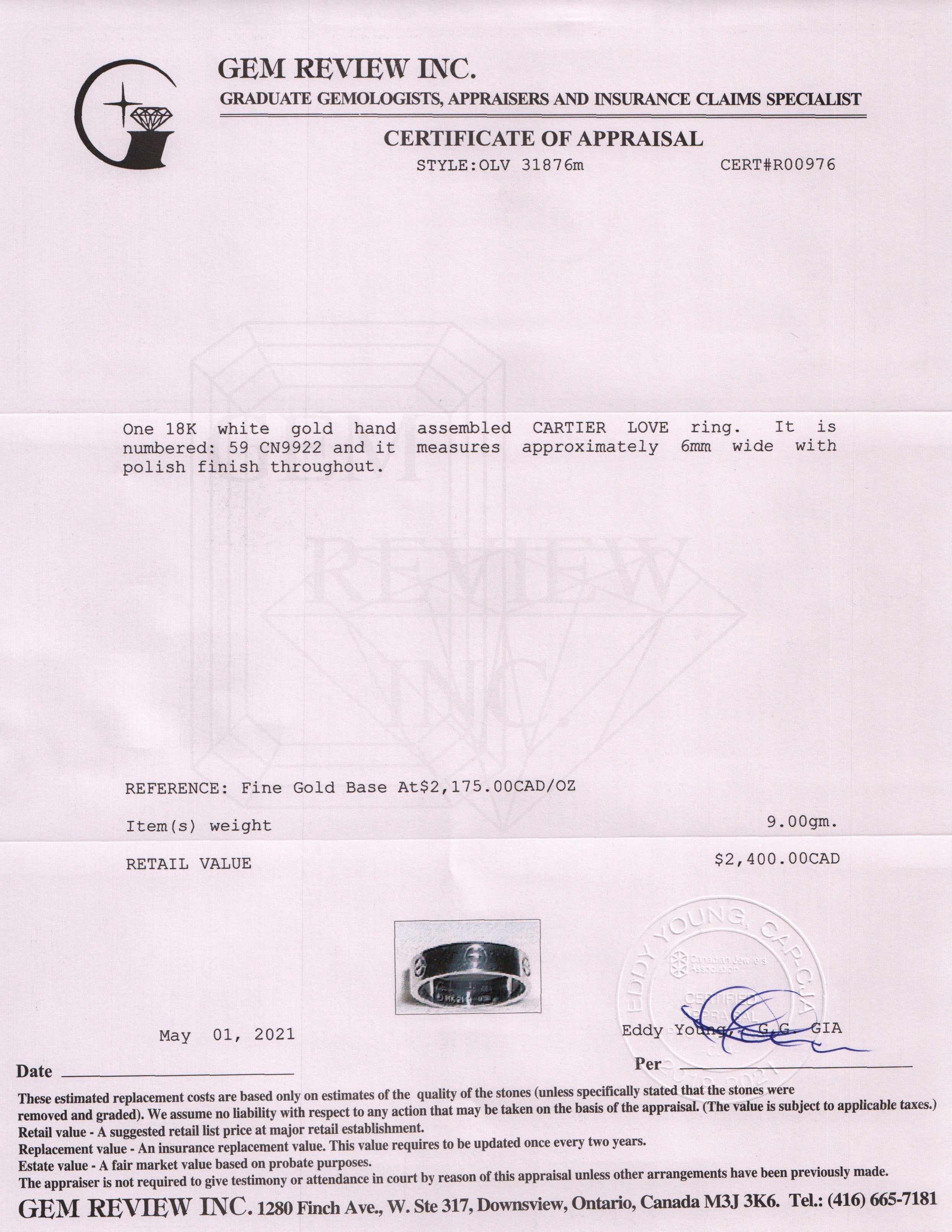 Cartier 18k White Gold Love Ring w/ Box