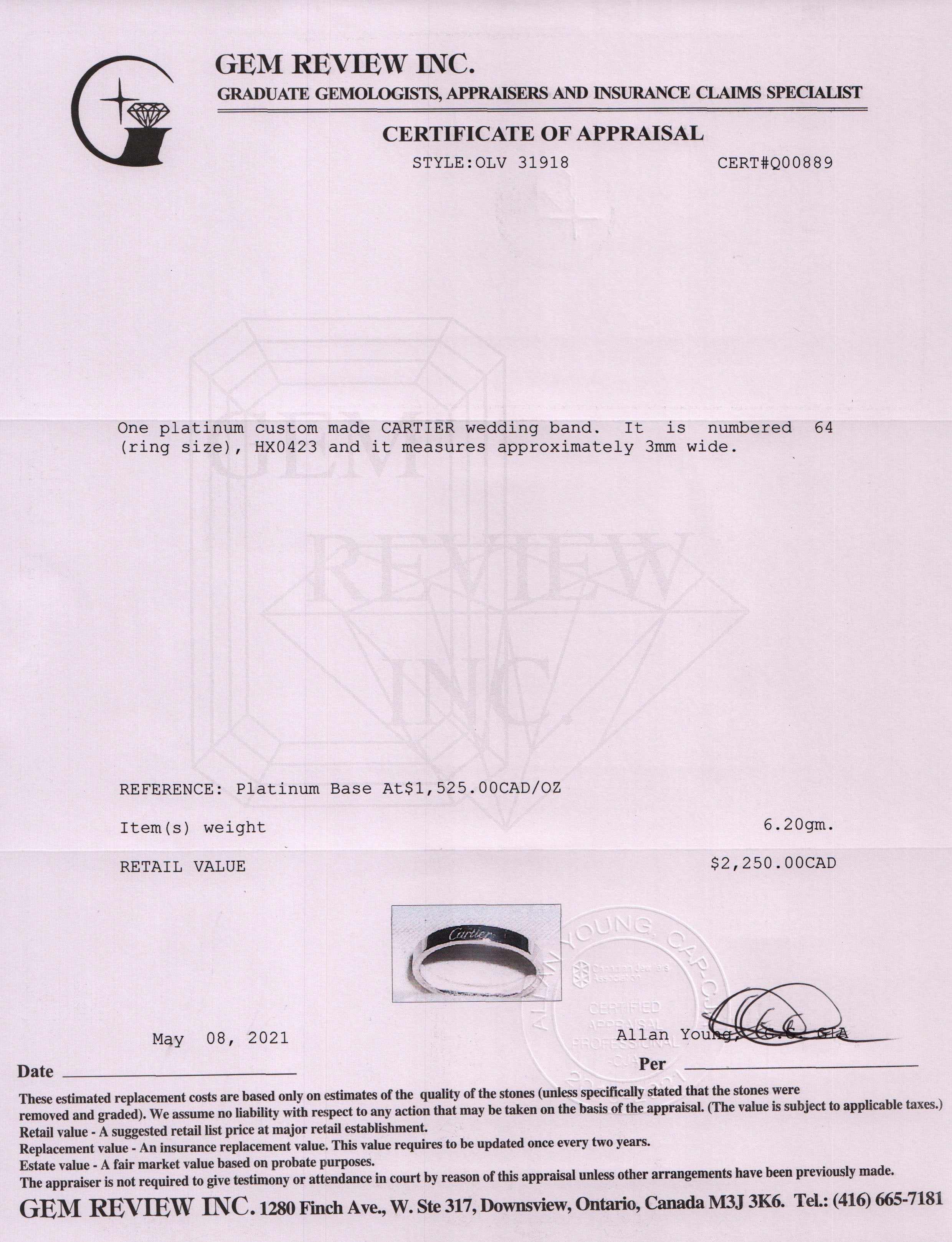 Cartier Platinum C de Cartier Wedding Band Ring w/ Box