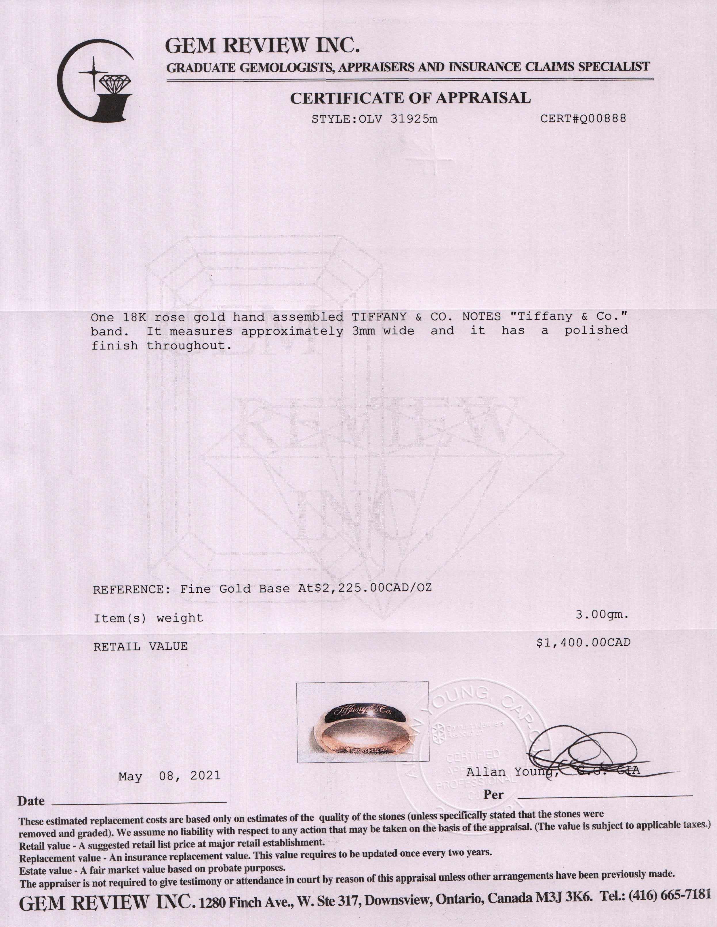 Tiffany & Co. 18k Rose Gold Notes "Tiffany & Co." Band Ring