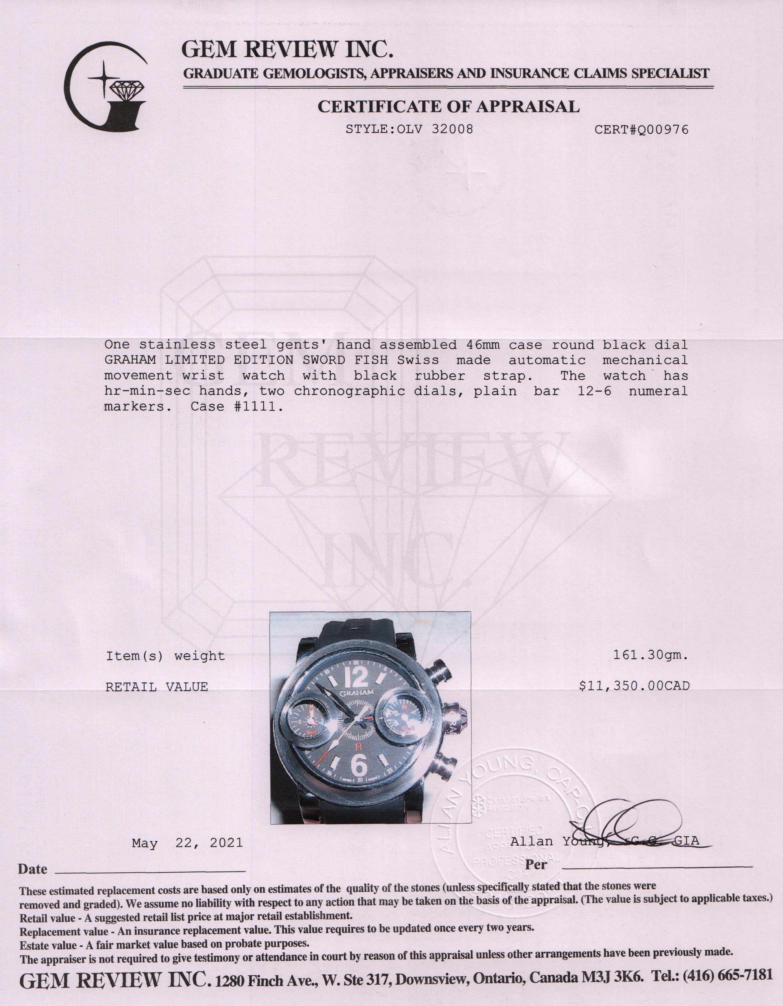 Graham Limited Edition Swordfish Chronograph Watch w/ Box