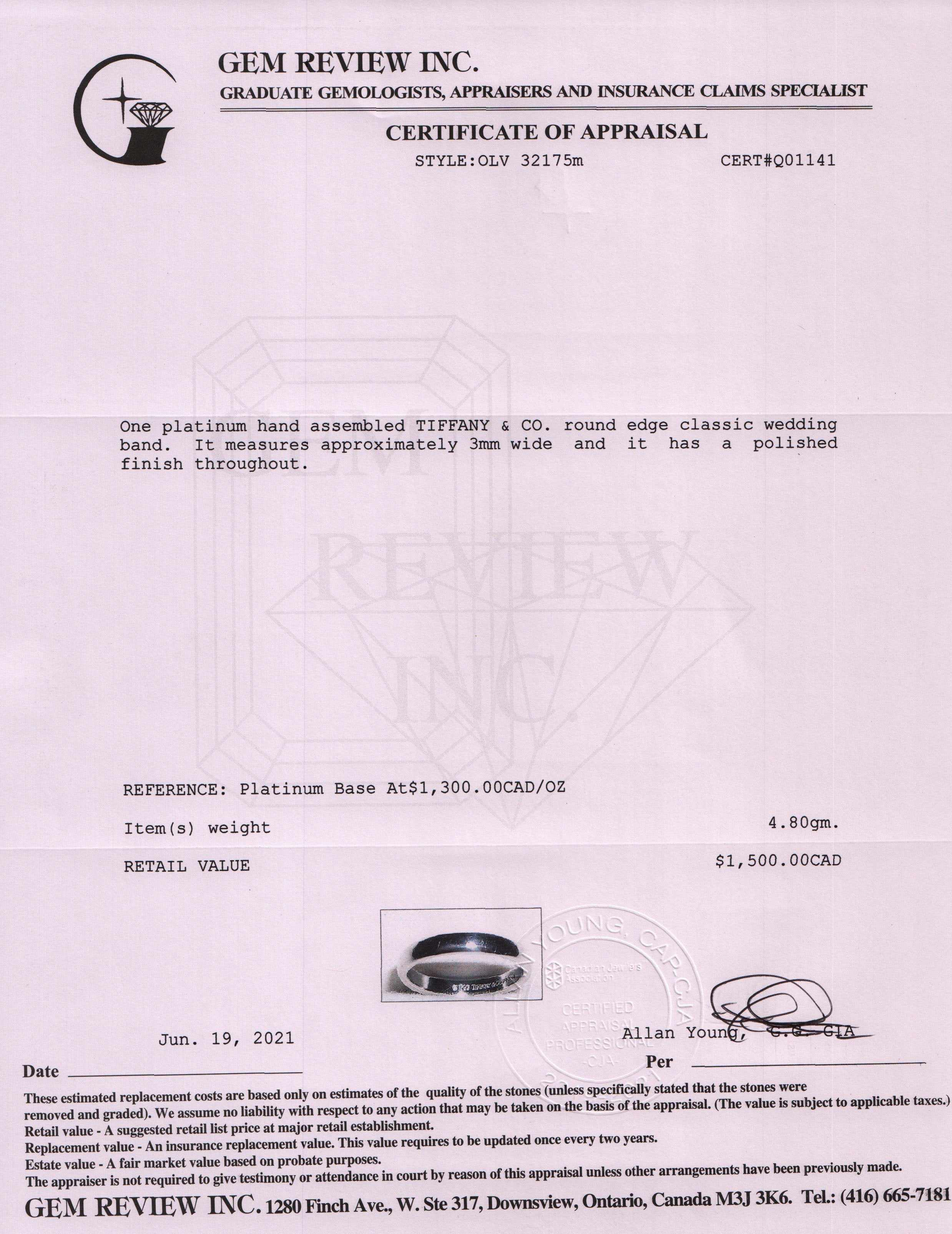 Tiffany & Co. Classic Platinum Wedding Band Ring