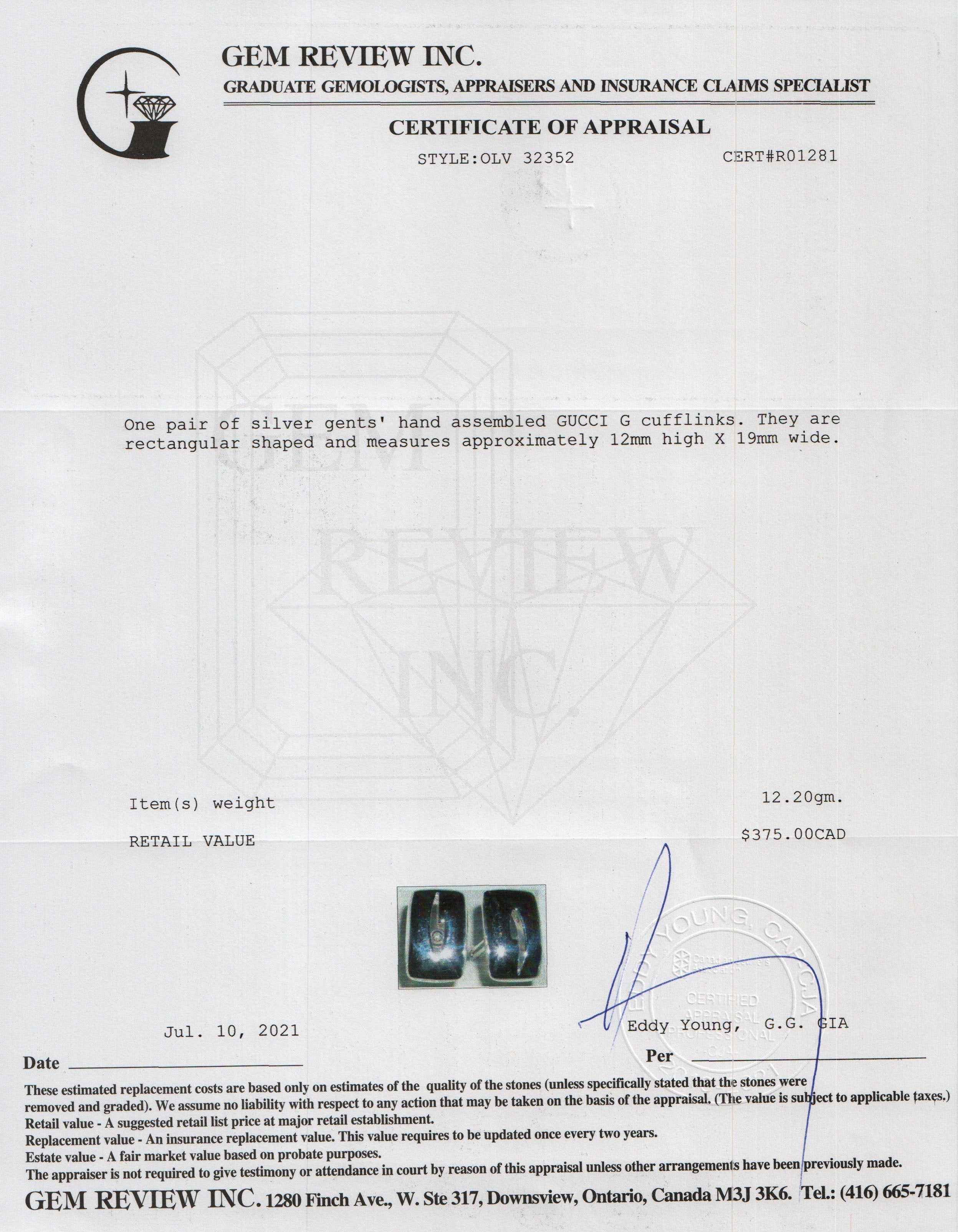 Gucci Sterling Silver G Cufflinks