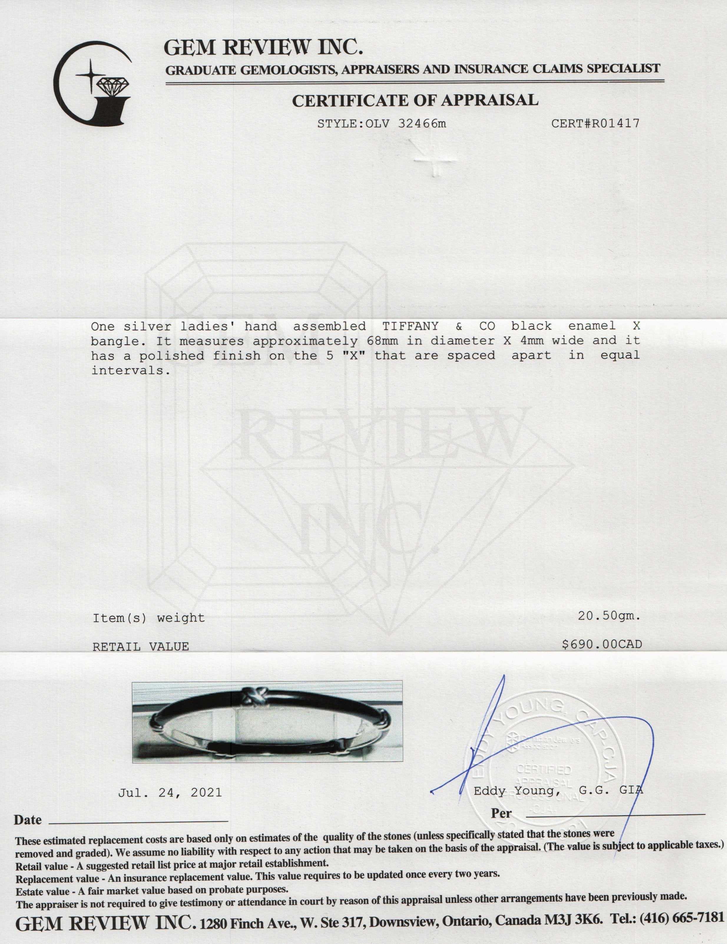 Tiffany & Co. Black Enamel X Bangle Bracelet