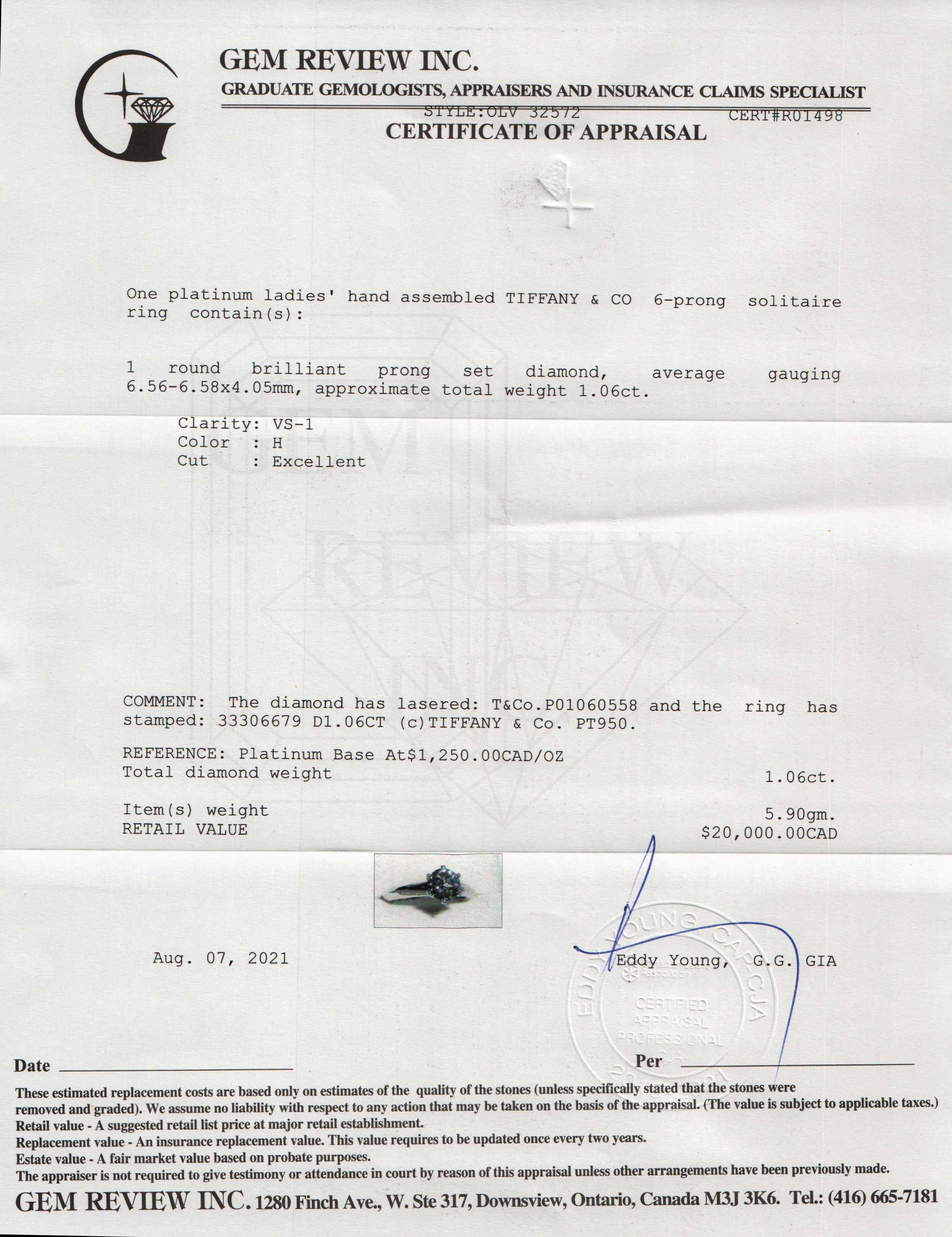 Tiffany & Co. Solitaire 1.06 ct. Diamond Engagement Ring