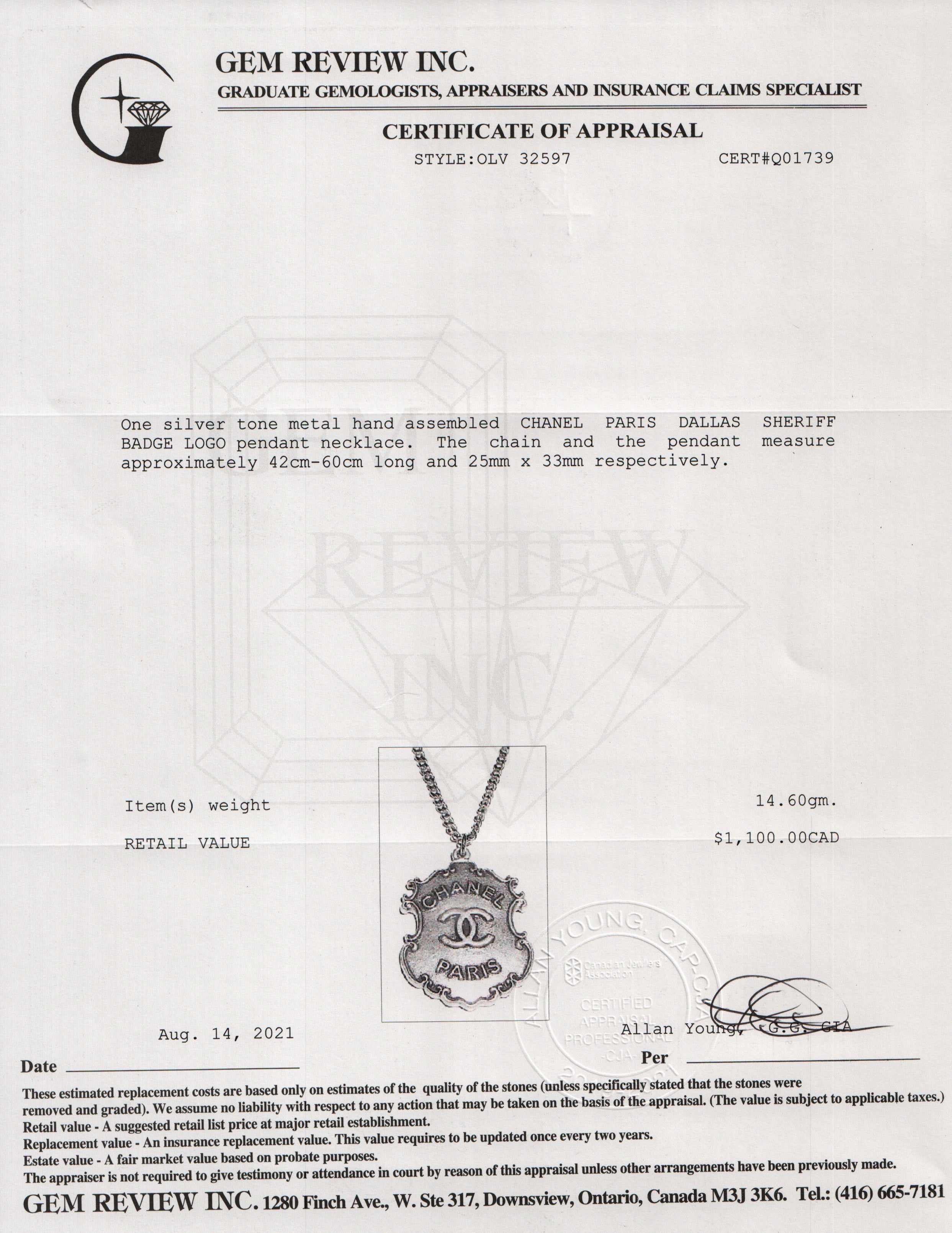 Chanel Paris Dallas Sheriff Badge Logo Pendant Necklace w/ Box