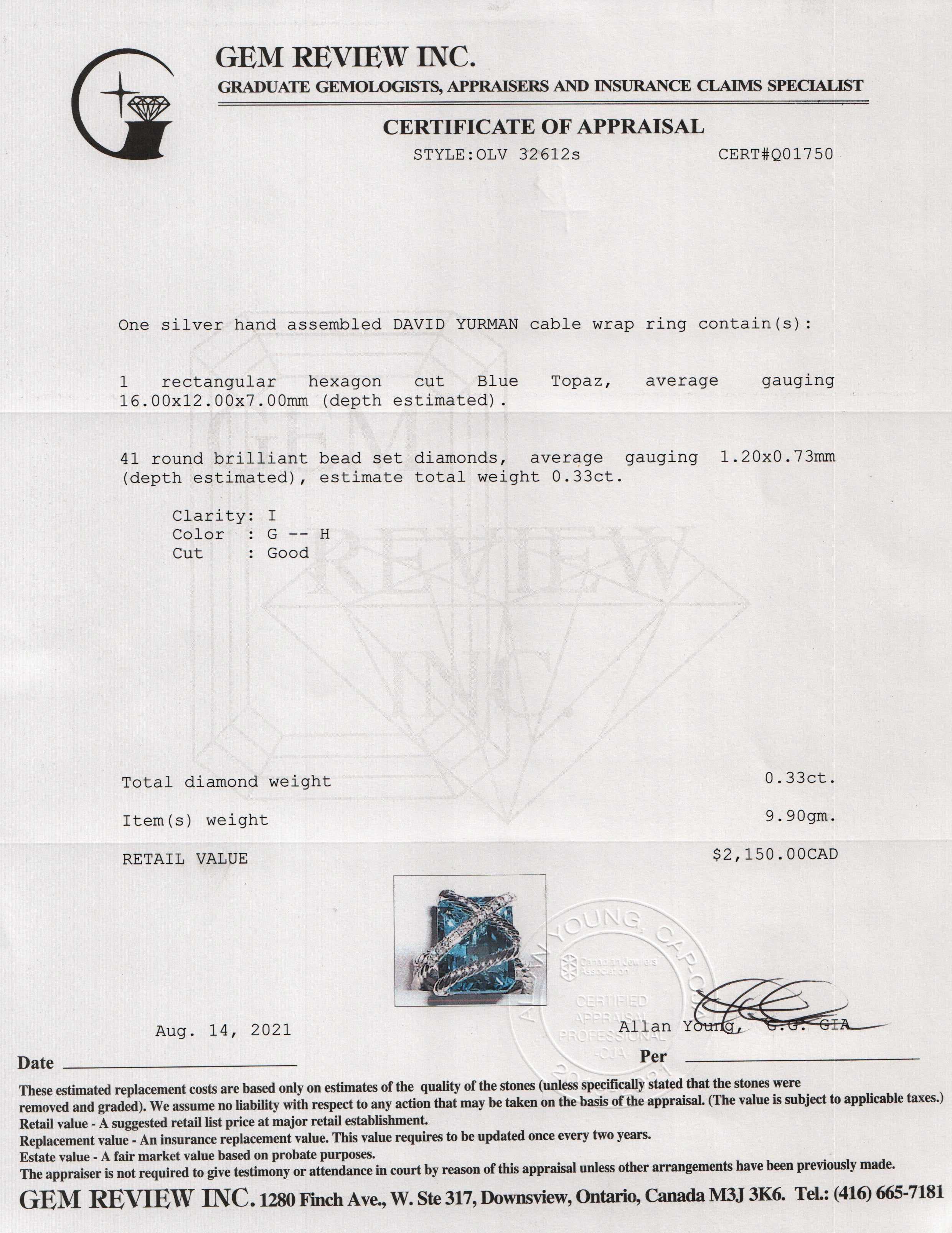 David Yurman Blue Topaz & Diamond Cable Wrap Ring