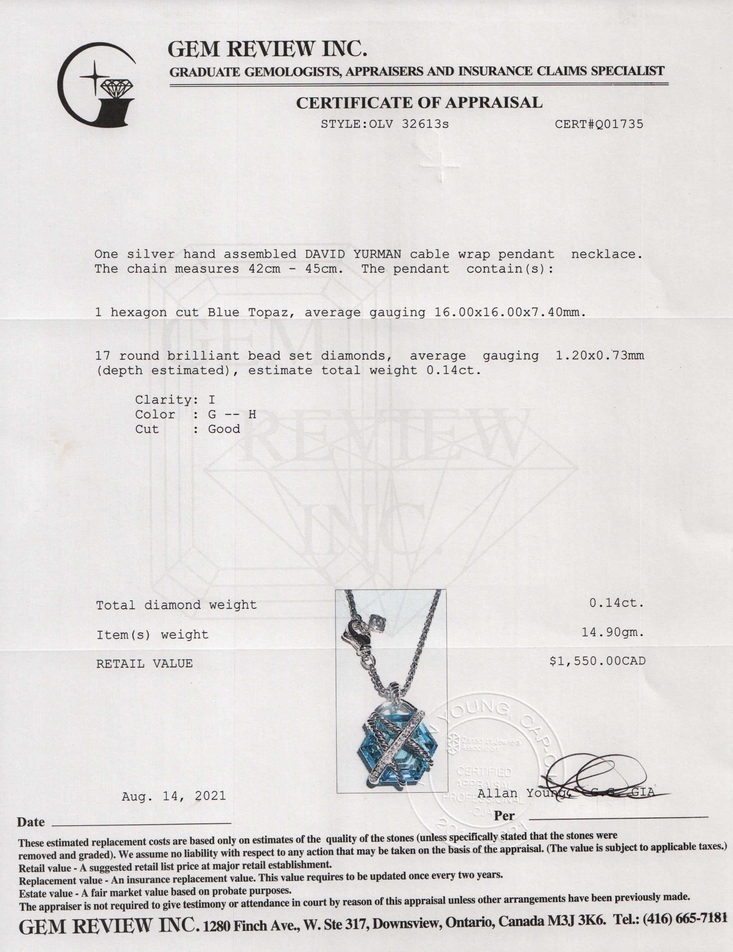 David Yurman Blue Topaz & Diamond Cable Wrap Pendant Necklace