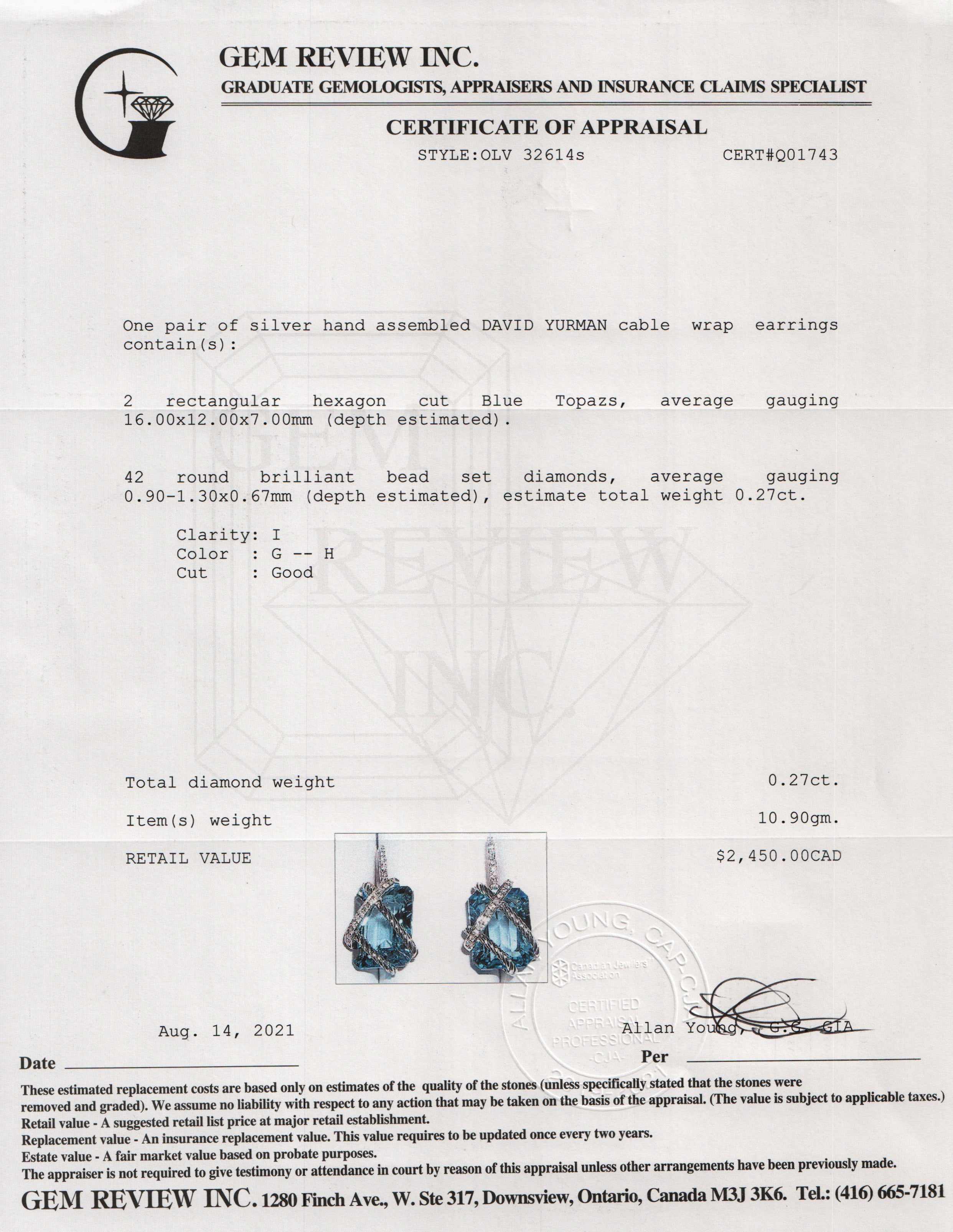 David Yurman Blue Topaz & Diamond Cable Wrap Drop Earrings