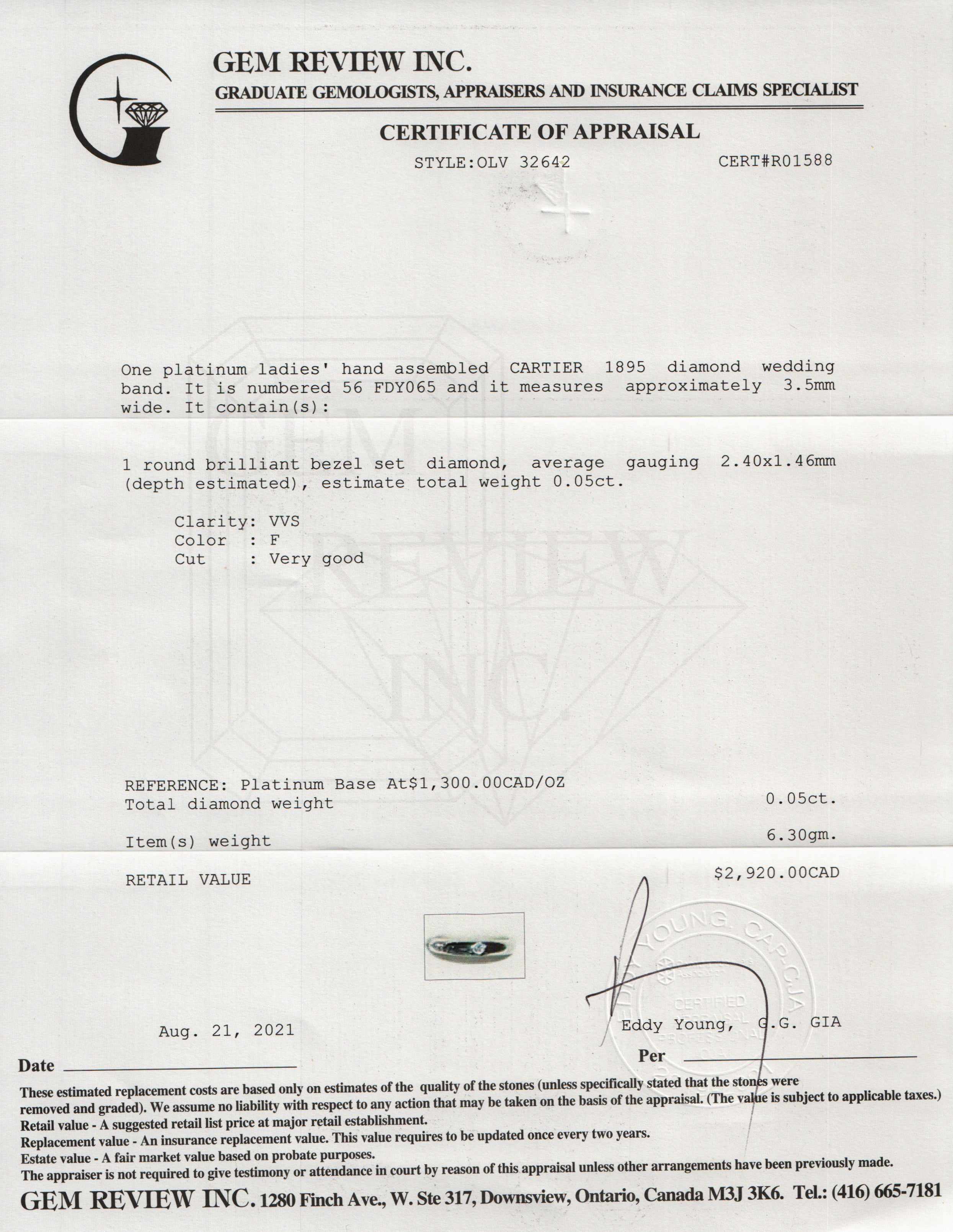 Cartier Platinum 1895 Diamond Wedding Band w/ Box & Certificate