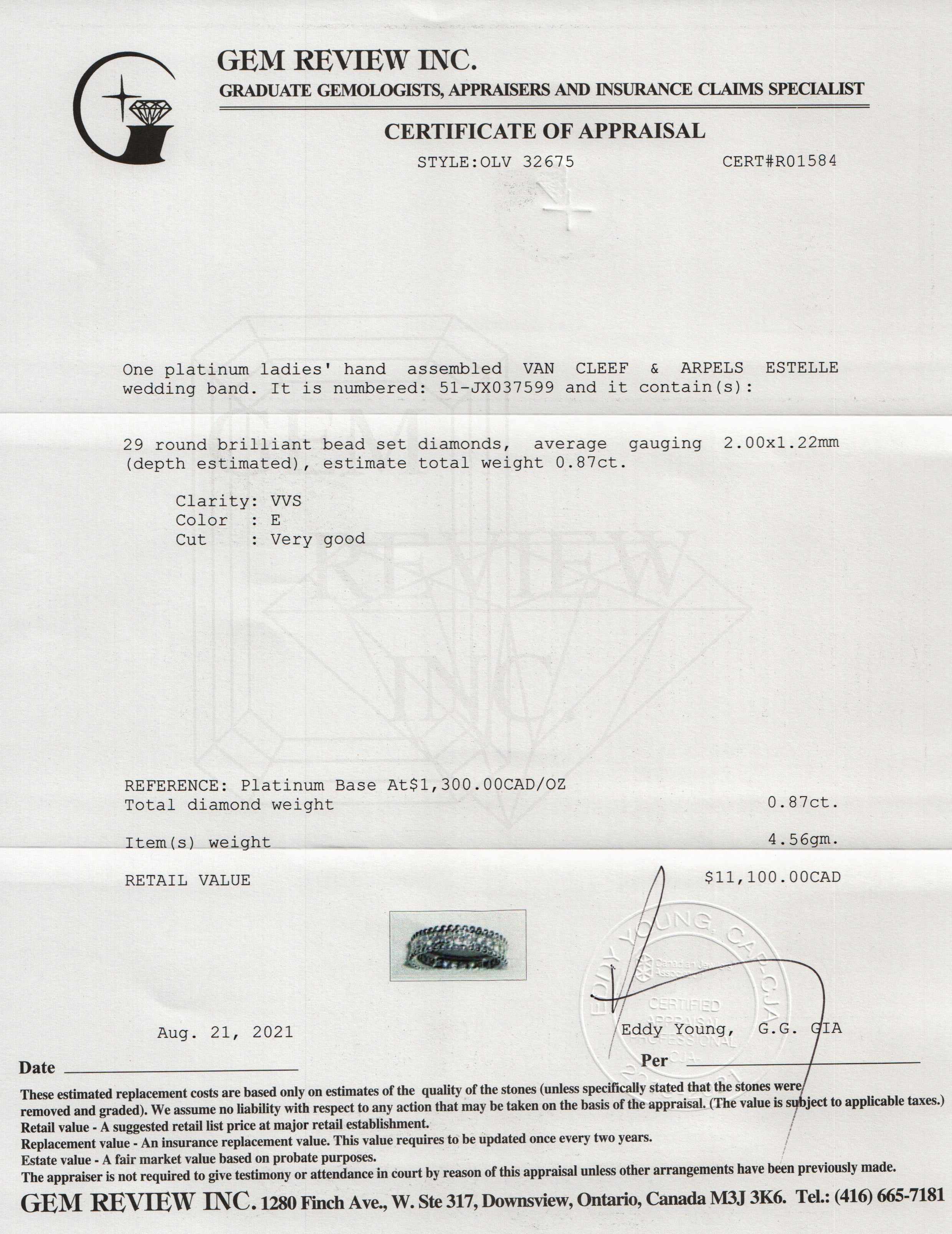 Van Cleef & Arpels Estelle Platinum Diamond Wedding Band Ring w/ Box