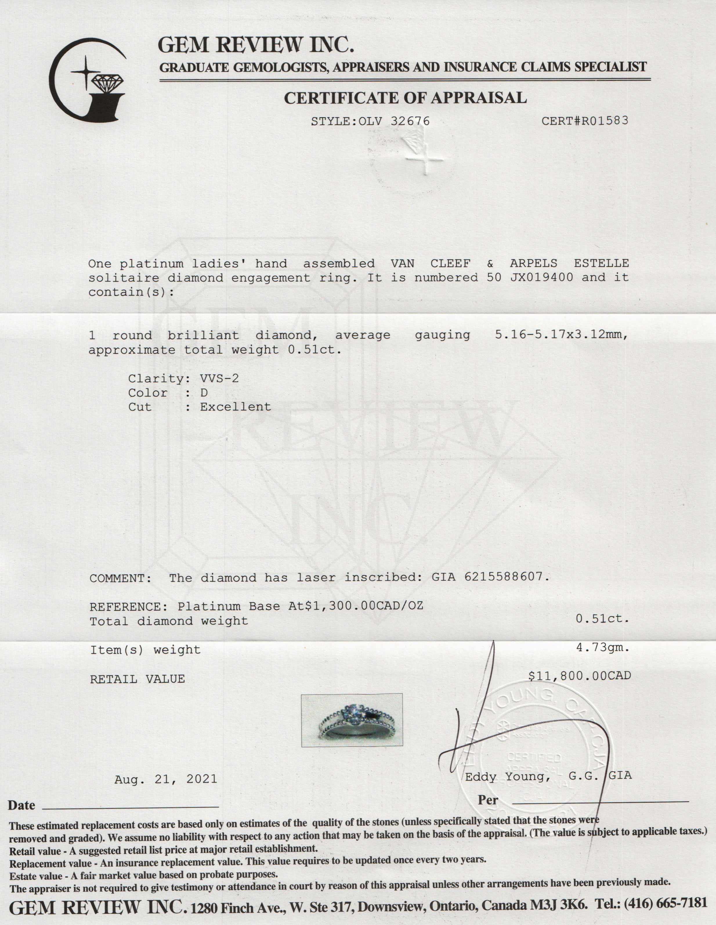 Van Cleef & Arpels Estelle Platinum Diamond Solitaire Engagement Ring w/ Box & Certificate