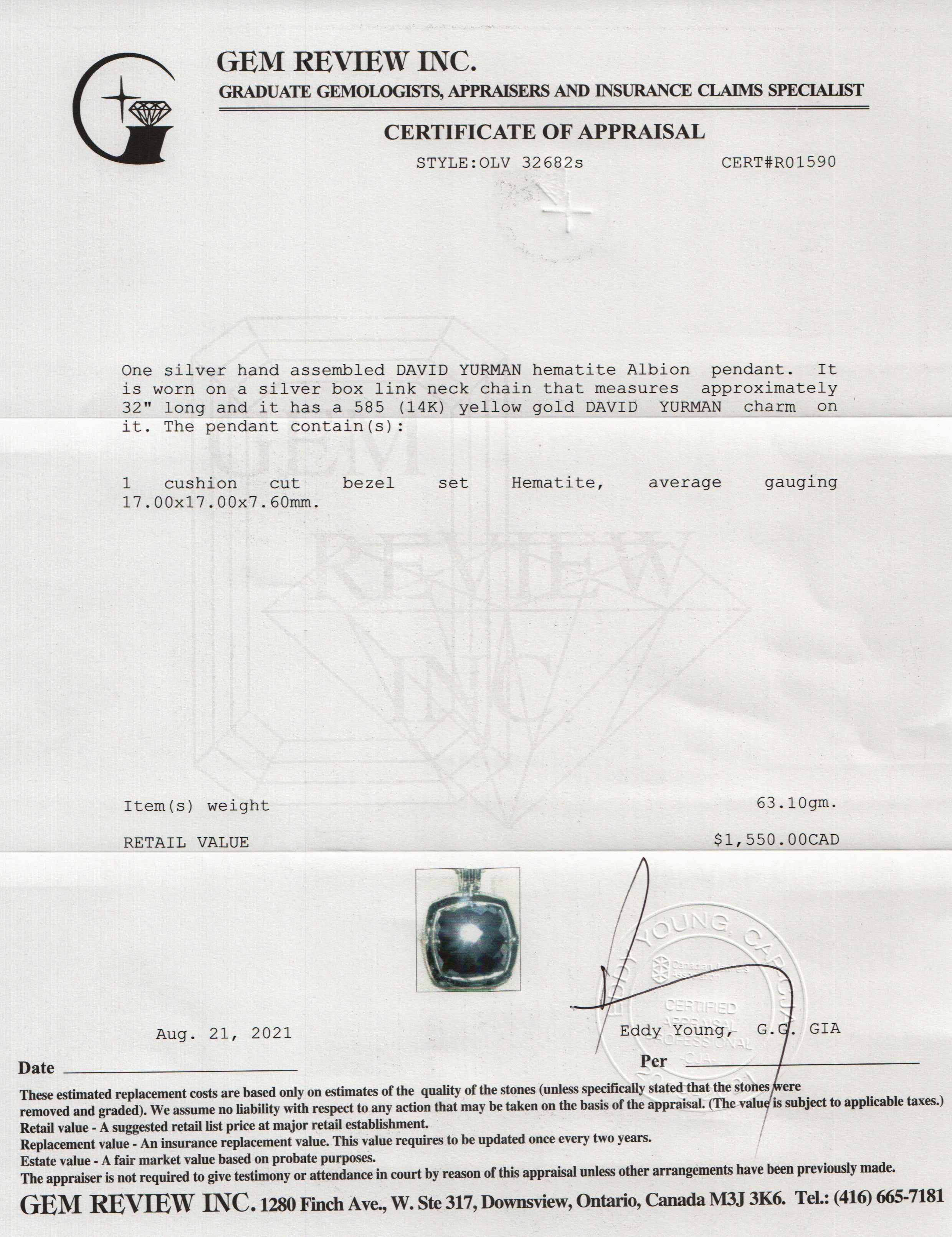 David Yurman Hematite Albion Pendant Necklace