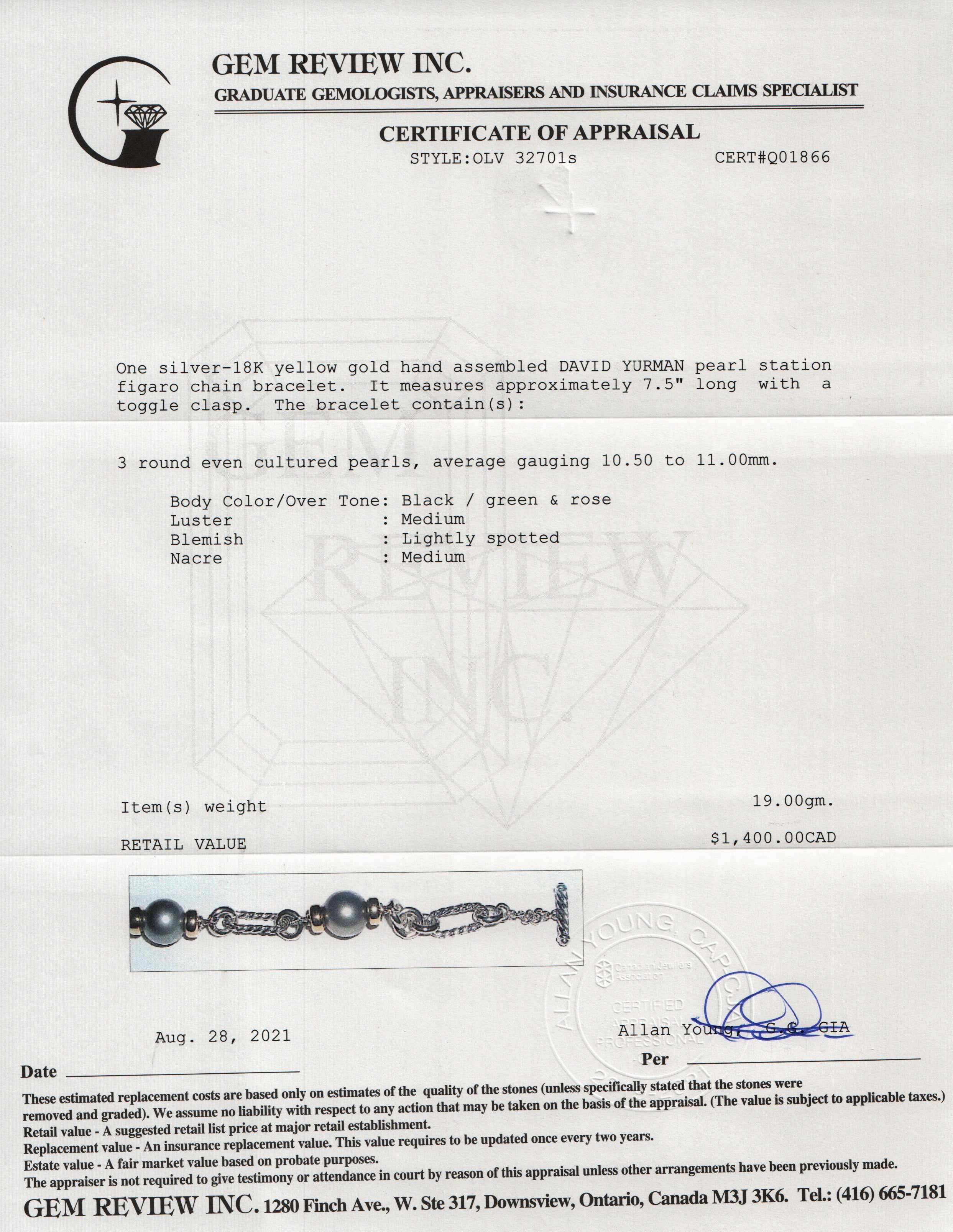 David Yurman Two-Tone Pearl Figaro Chain Bracelet